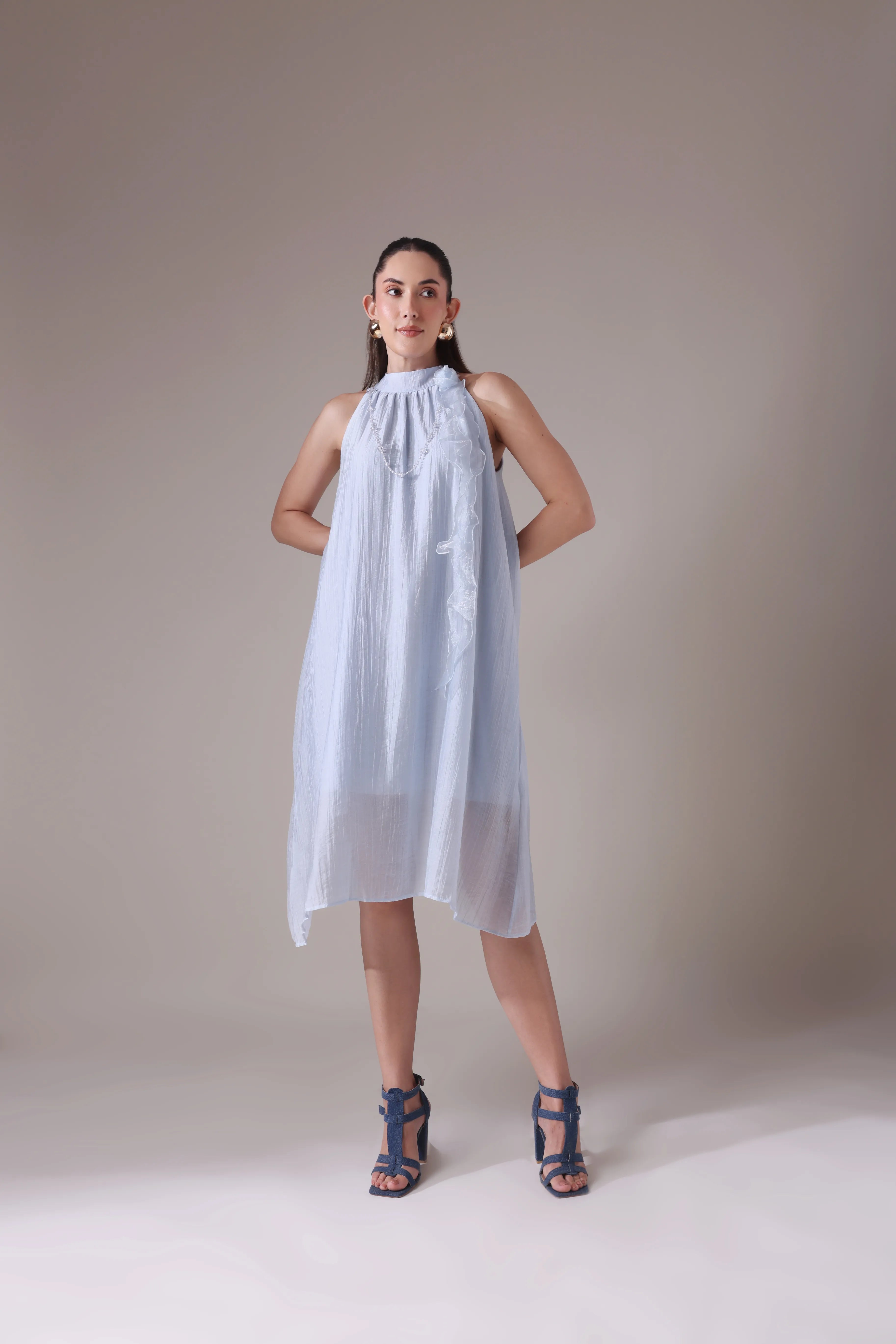 Ruffled Halter Trapeze Dress with Sheer Cascades โ CielZora