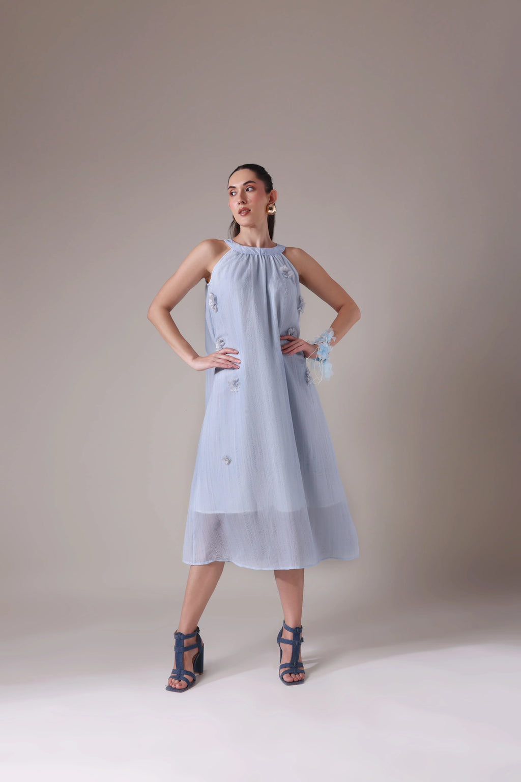 Textured Gauze Halter Midi with Organza Florals