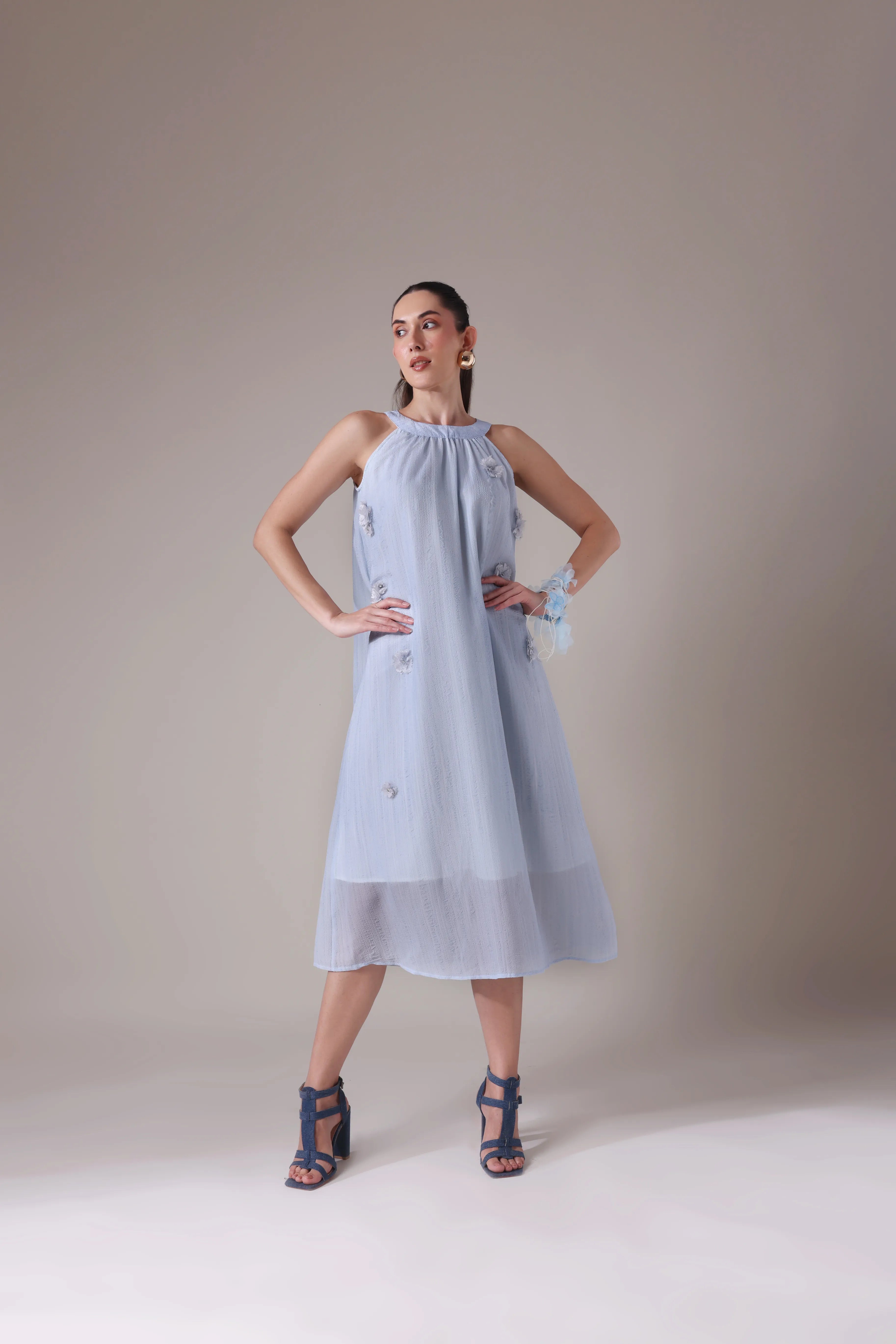 Textured Gauze Halter Midi with Organza Florals