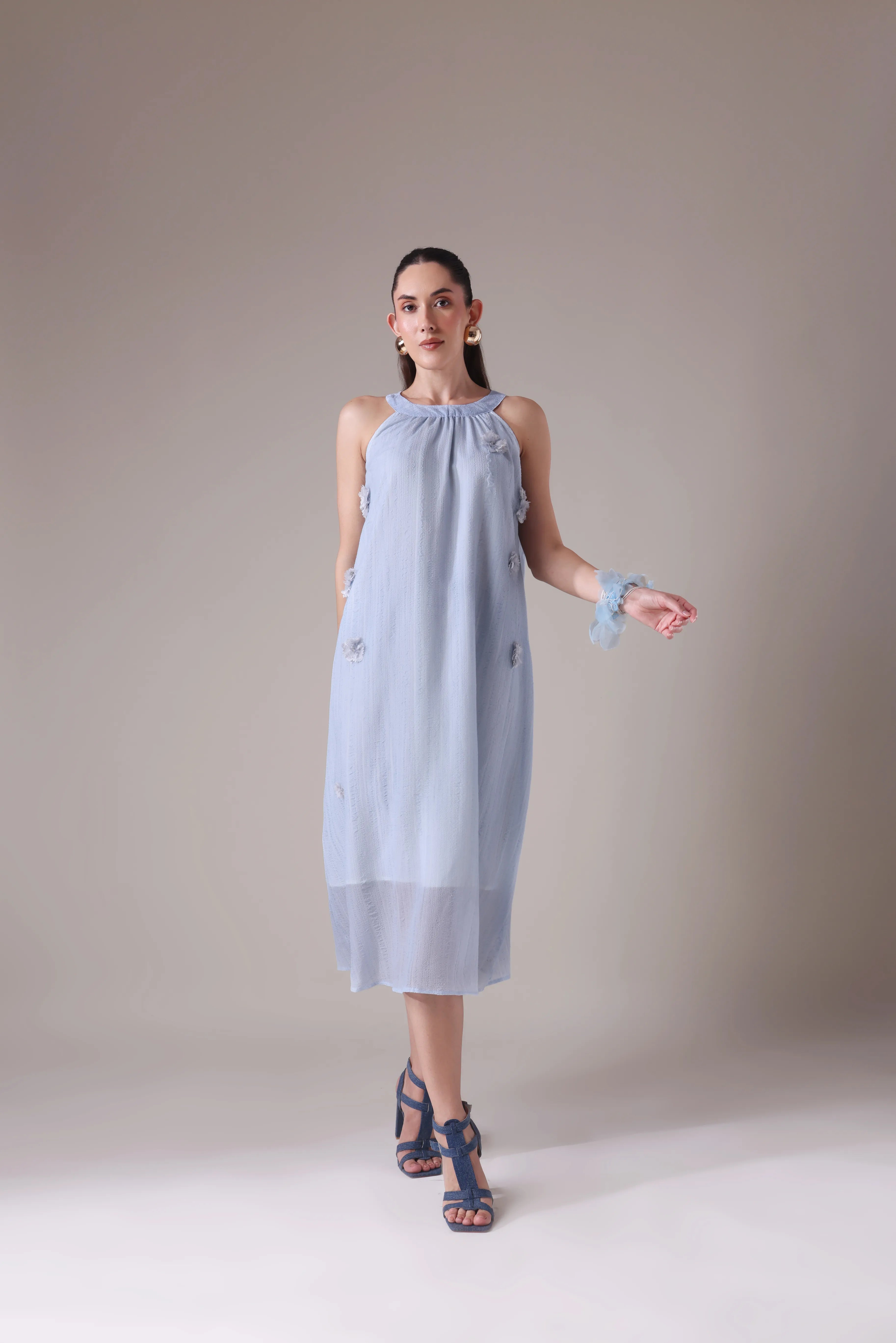 Textured Gauze Halter Midi with Organza Florals