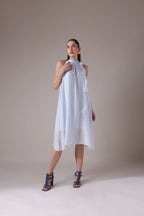 Ruffled Halter Trapeze Dress with Sheer Cascades