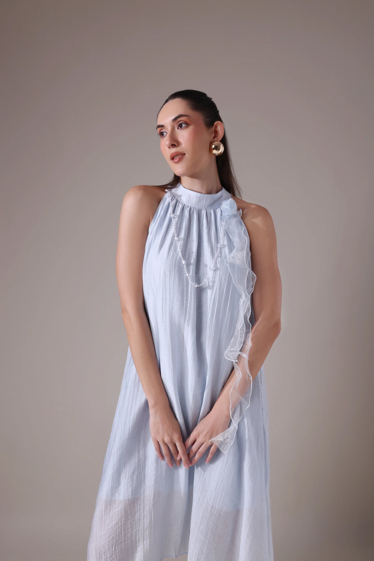 Ruffled Halter Trapeze Dress with Sheer Cascades