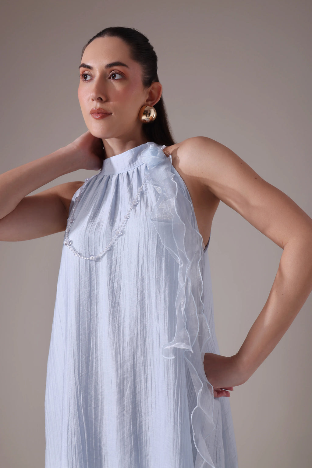 Ruffled Halter Trapeze Dress with Sheer Cascades