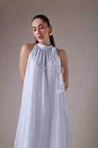 Ruffled Halter Trapeze Dress with Sheer Cascades