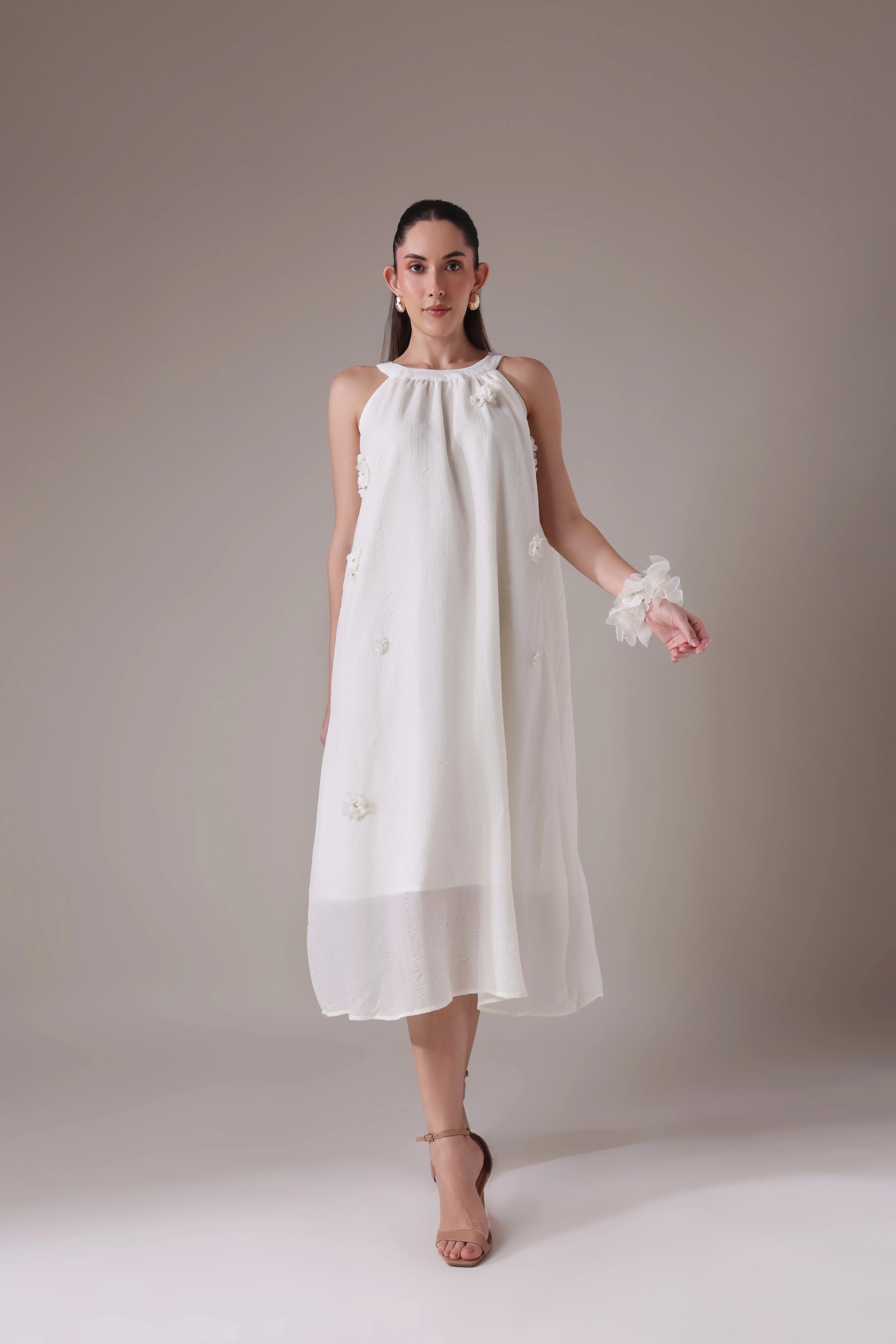 Textured Gauze Halter Midi with Organza Florals