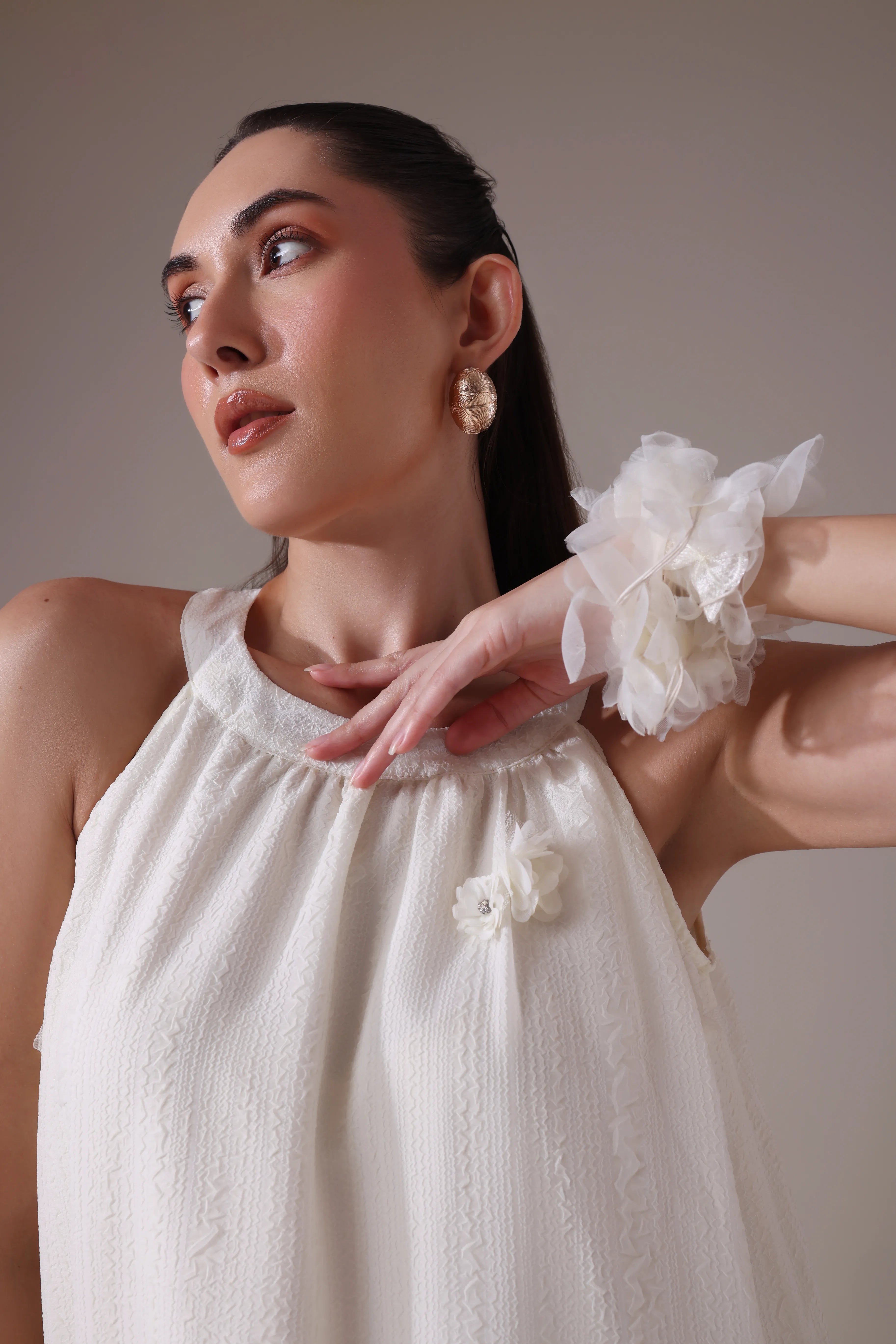 Textured Gauze Halter Midi with Organza Florals