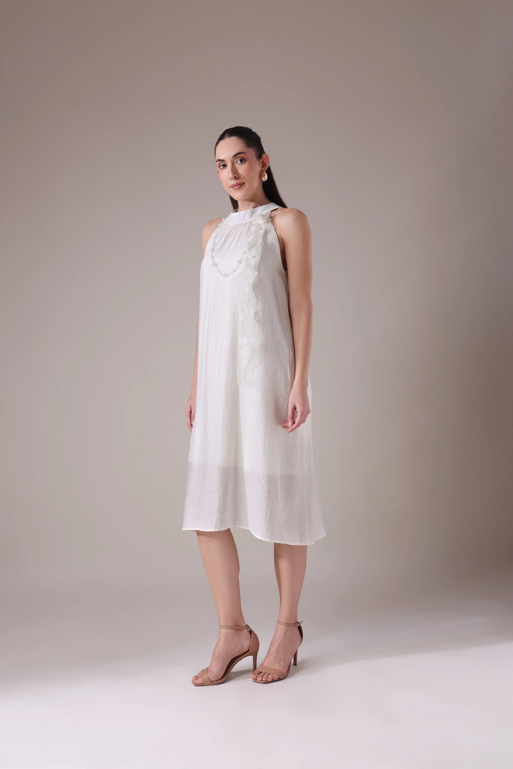 Ruffled Halter Trapeze Dress with Sheer Cascades