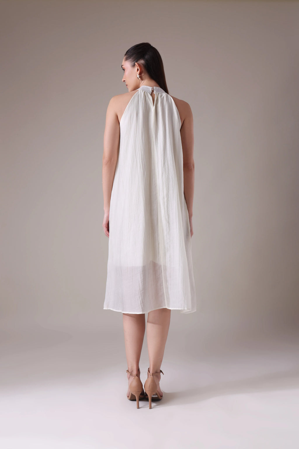 Ruffled Halter Trapeze Dress with Sheer Cascades