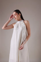 Ruffled Halter Trapeze Dress with Sheer Cascades
