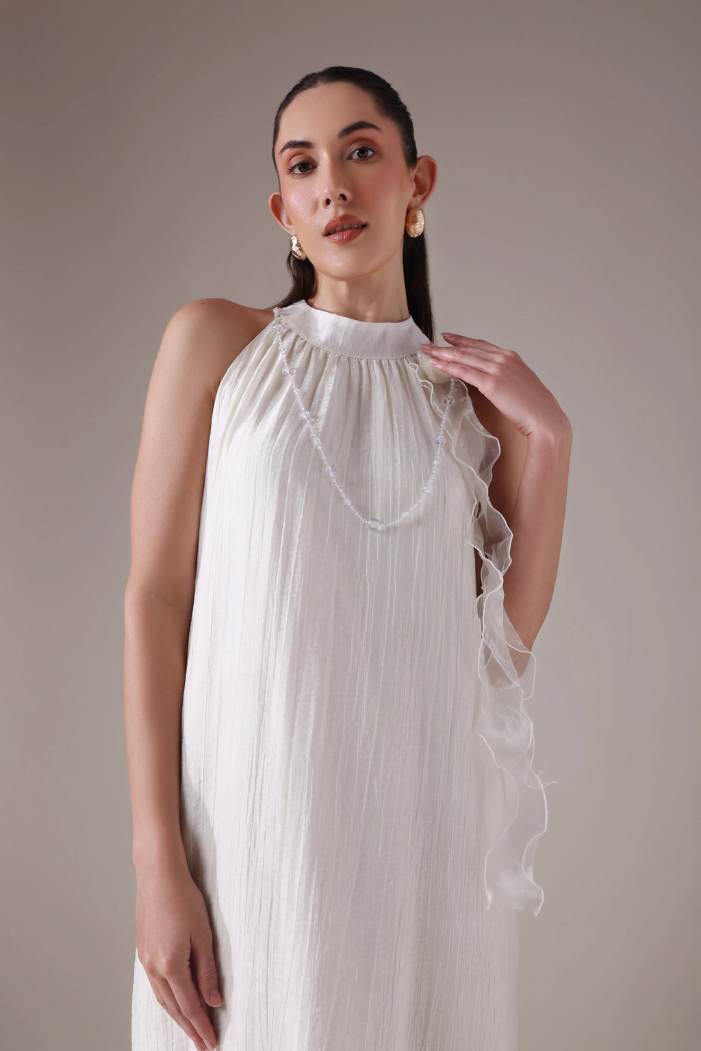 Ruffled Halter Trapeze Dress with Sheer Cascades