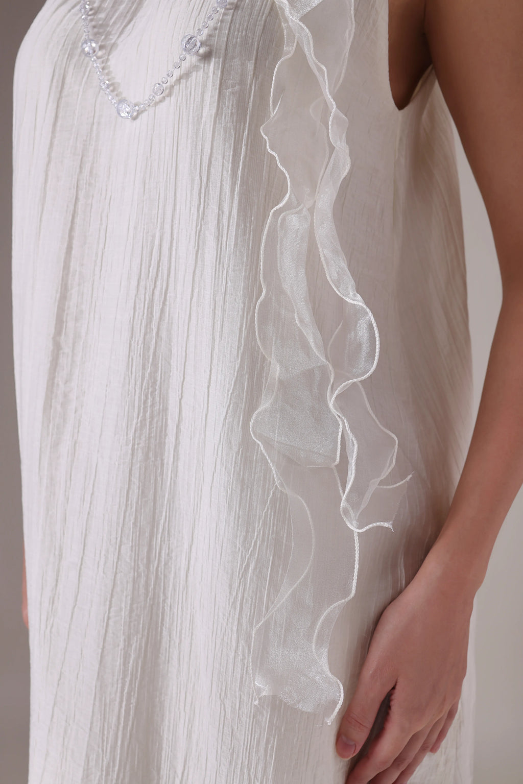 Ruffled Halter Trapeze Dress with Sheer Cascades