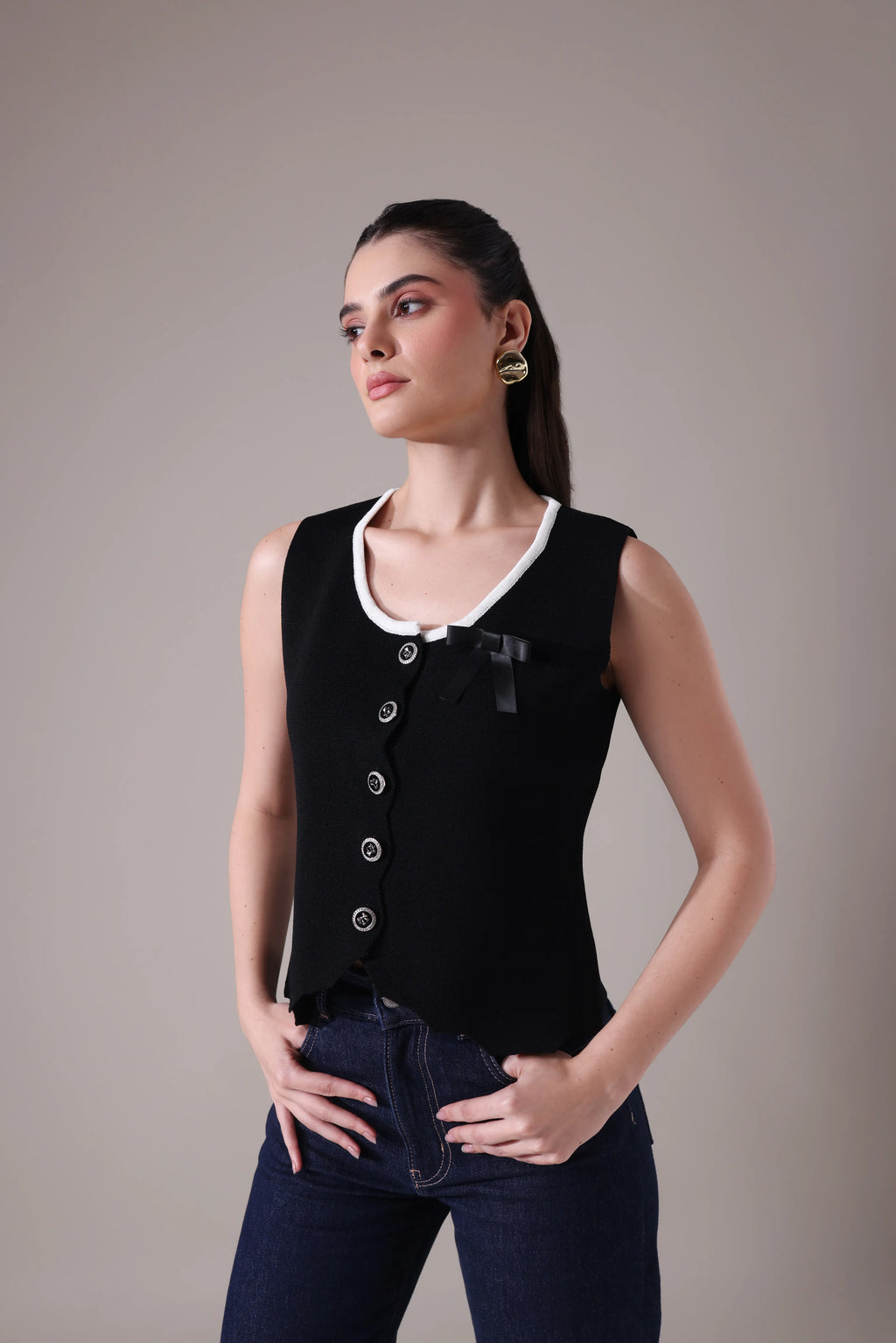 The Odette Bow-Accented Scalloped Vest