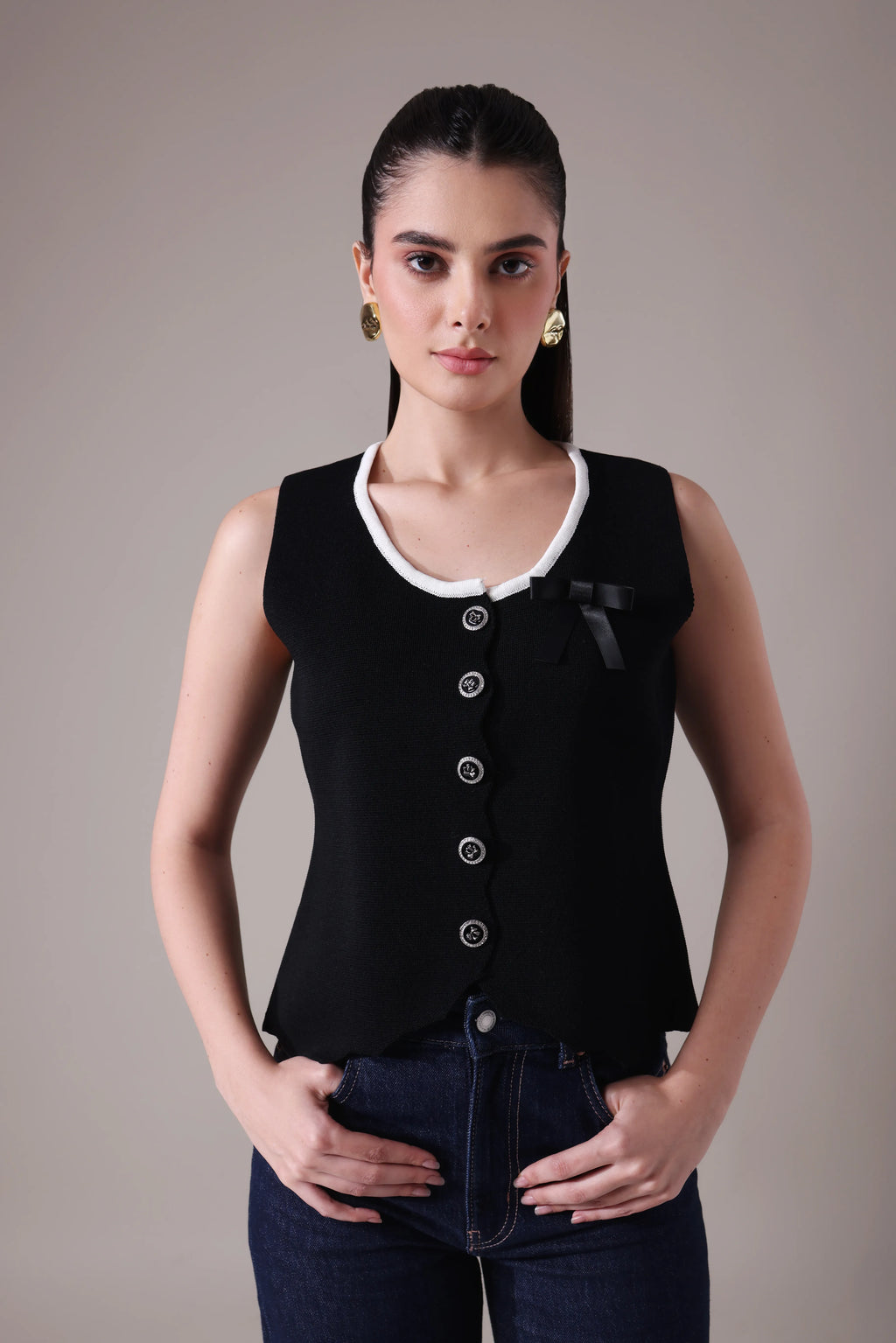 The Odette Bow-Accented Scalloped Vest