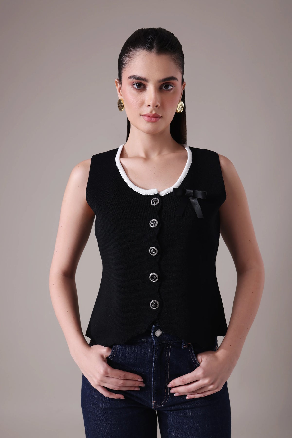 The Odette Bow-Accented Scalloped Vest