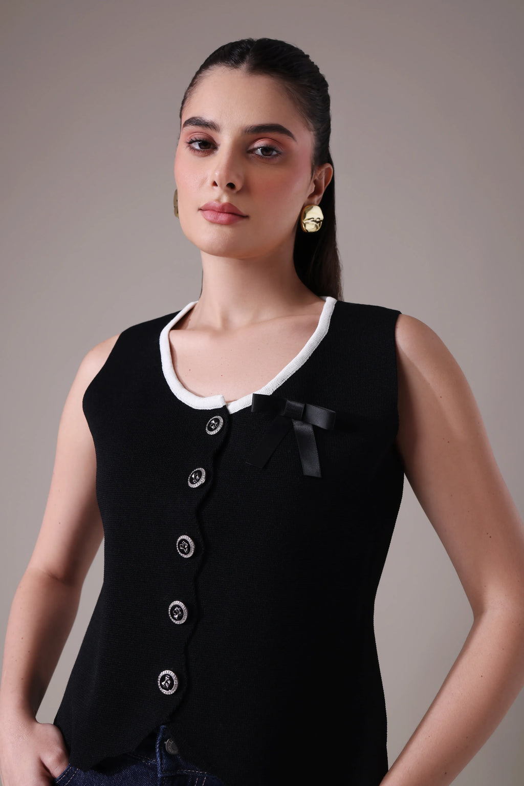 The Odette Bow-Accented Scalloped Vest