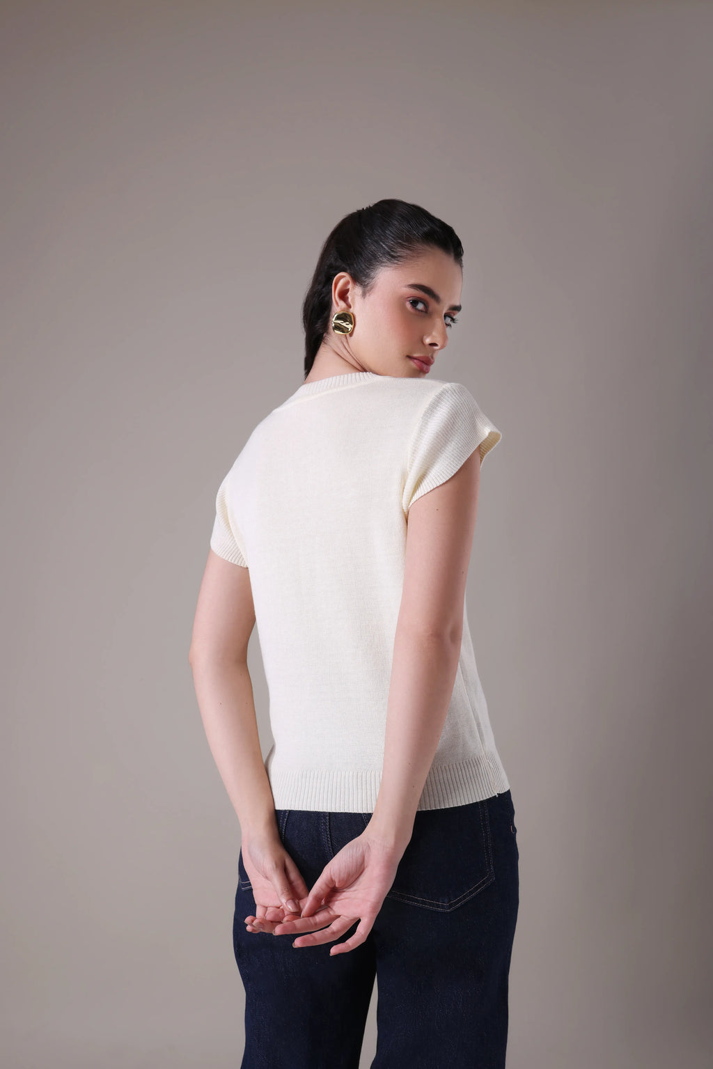 The  Sculpted Cap-Sleeve Knit in Alabaster