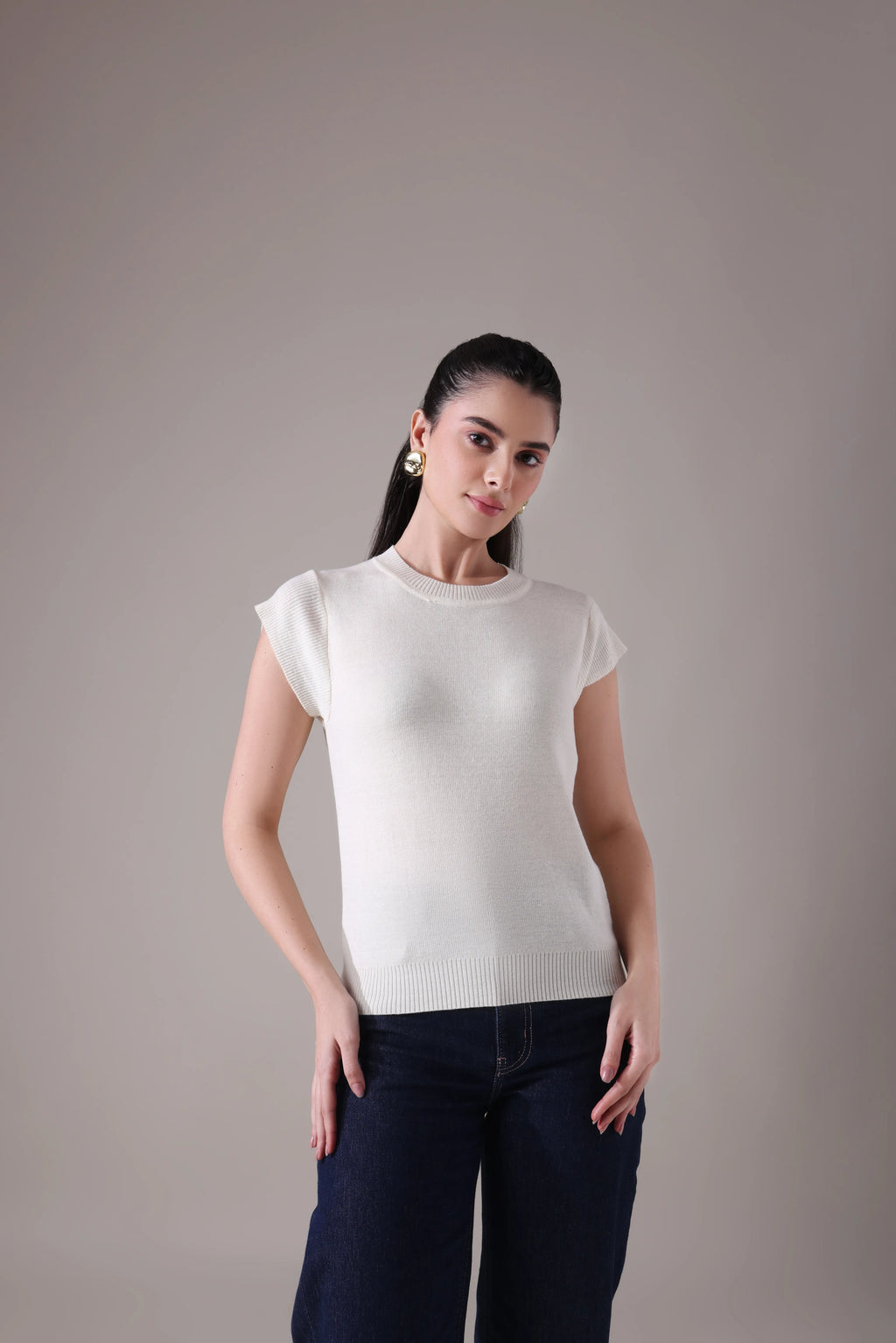 The  Sculpted Cap-Sleeve Knit in Alabaster