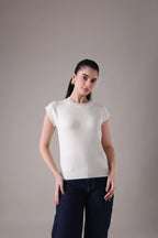The  Sculpted Cap-Sleeve Knit in Alabaster