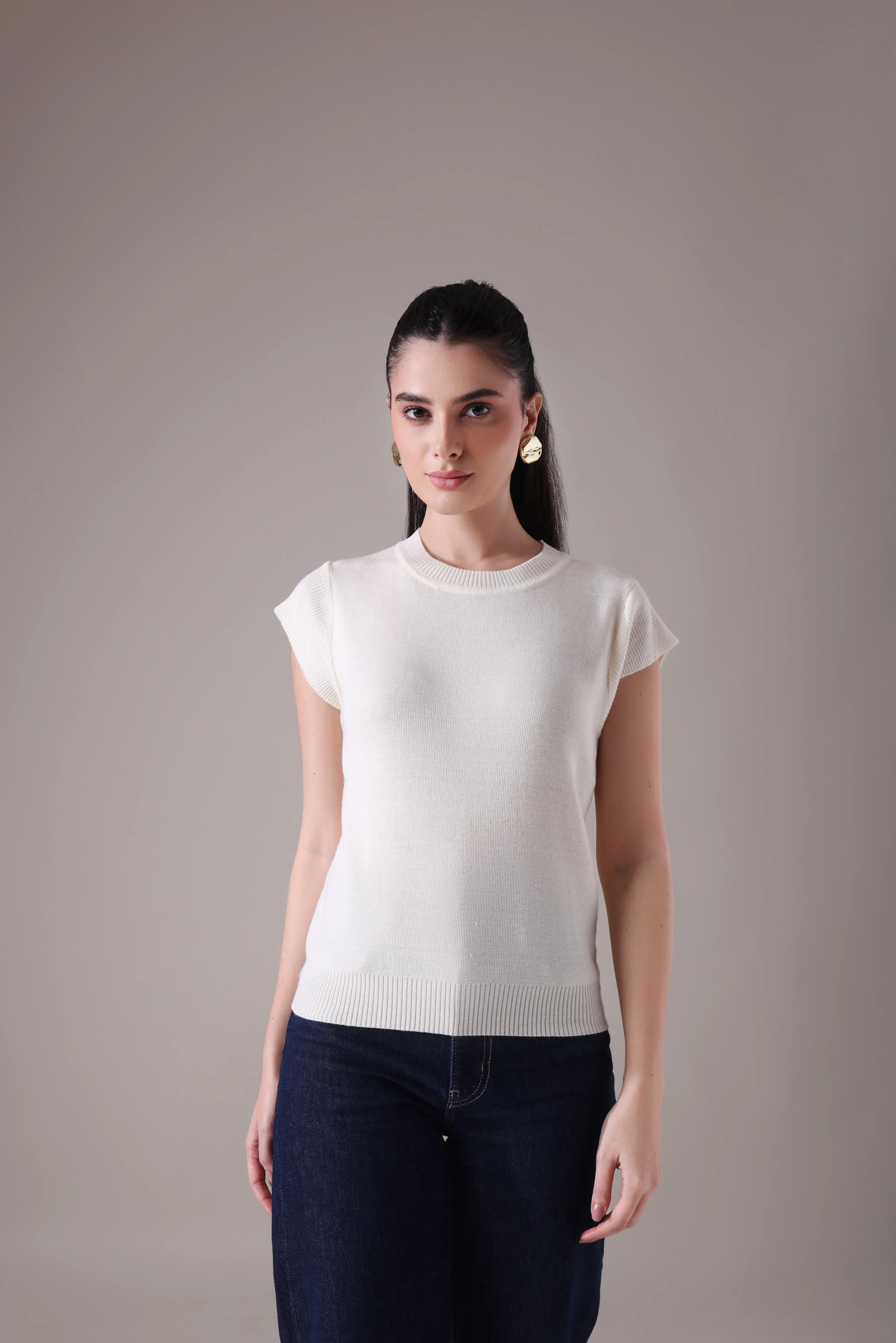 The  Sculpted Cap-Sleeve Knit in Alabaster