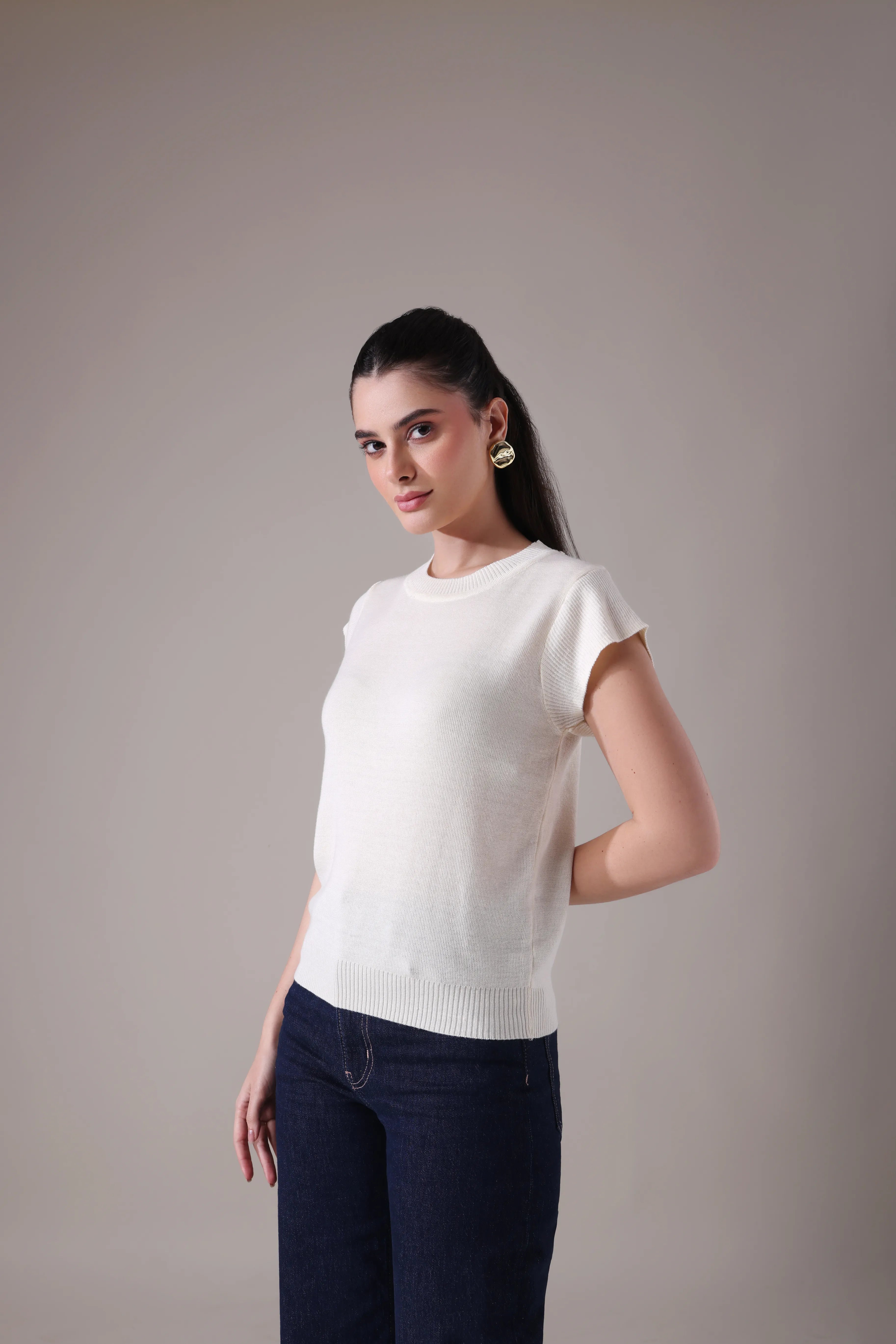 The  Sculpted Cap-Sleeve Knit in Alabaster