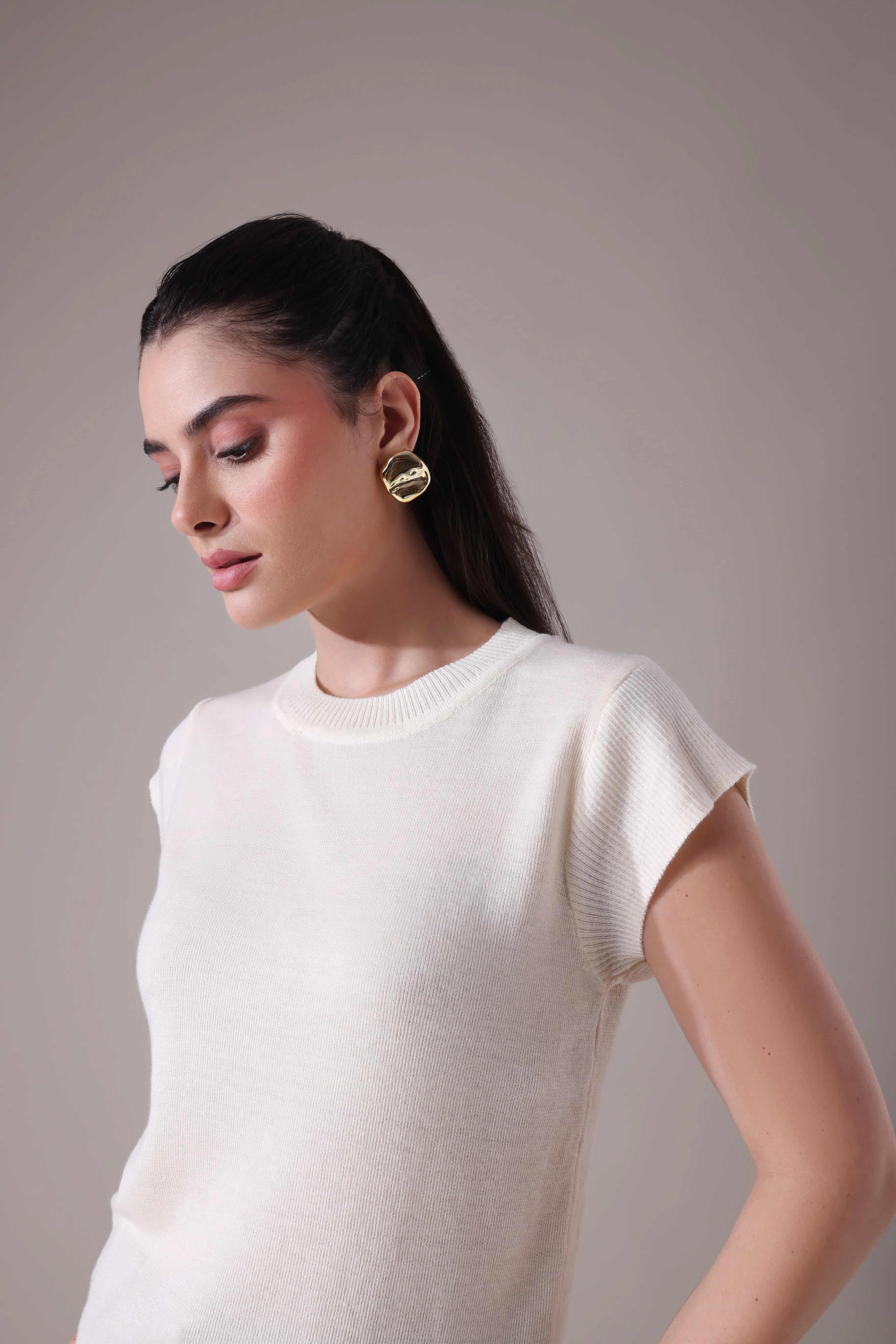 The  Sculpted Cap-Sleeve Knit in Alabaster