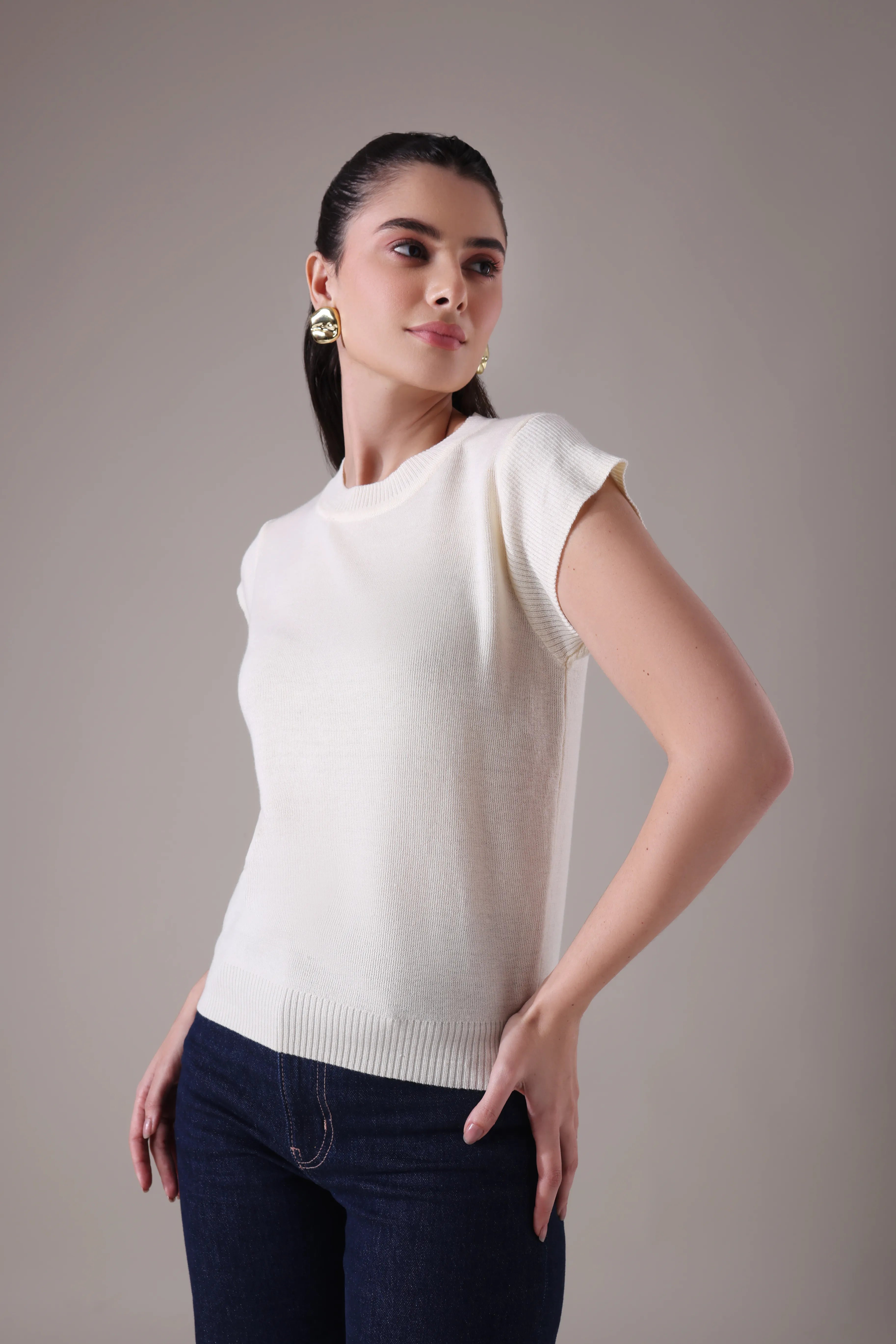 The  Sculpted Cap-Sleeve Knit in Alabaster