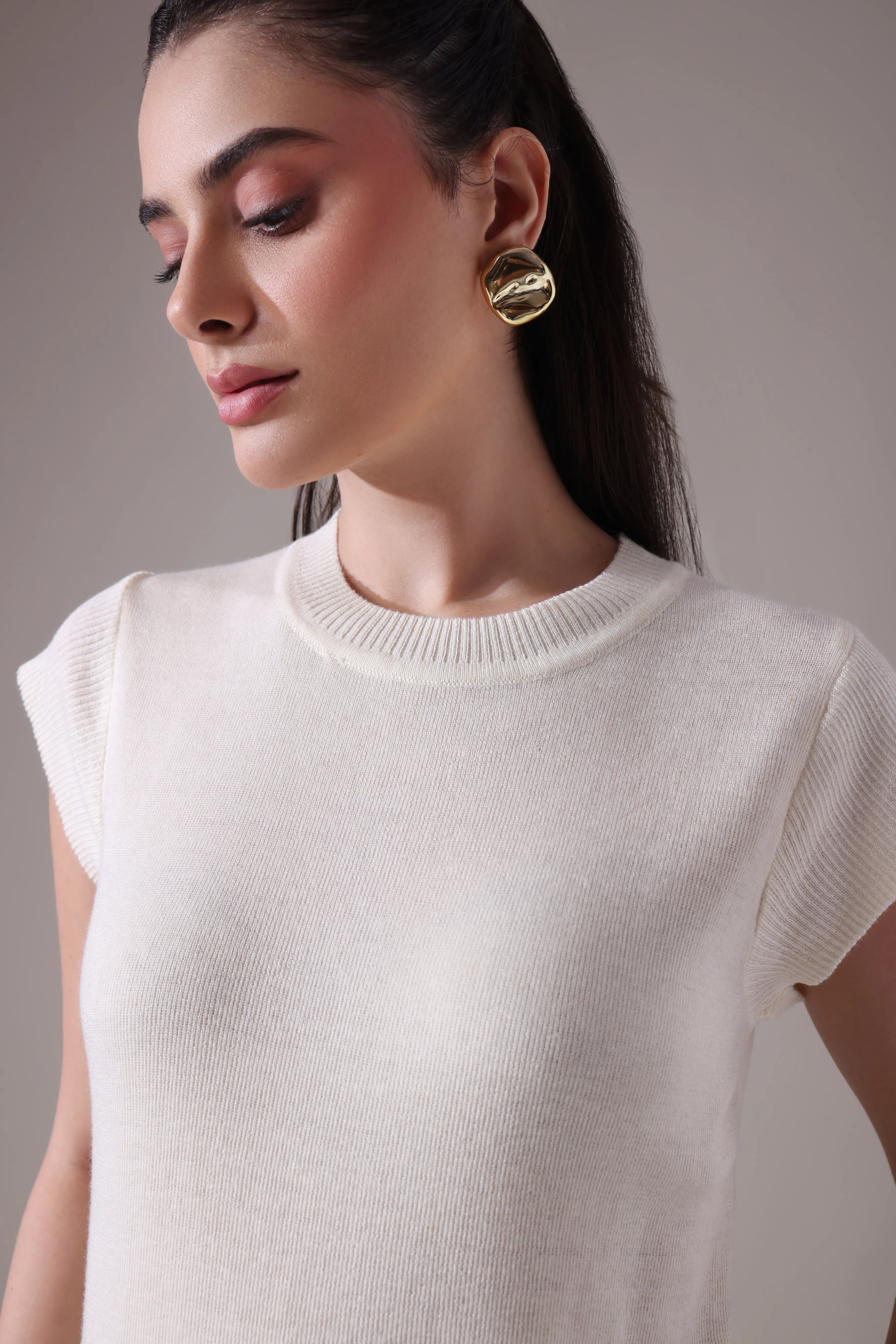 The  Sculpted Cap-Sleeve Knit in Alabaster