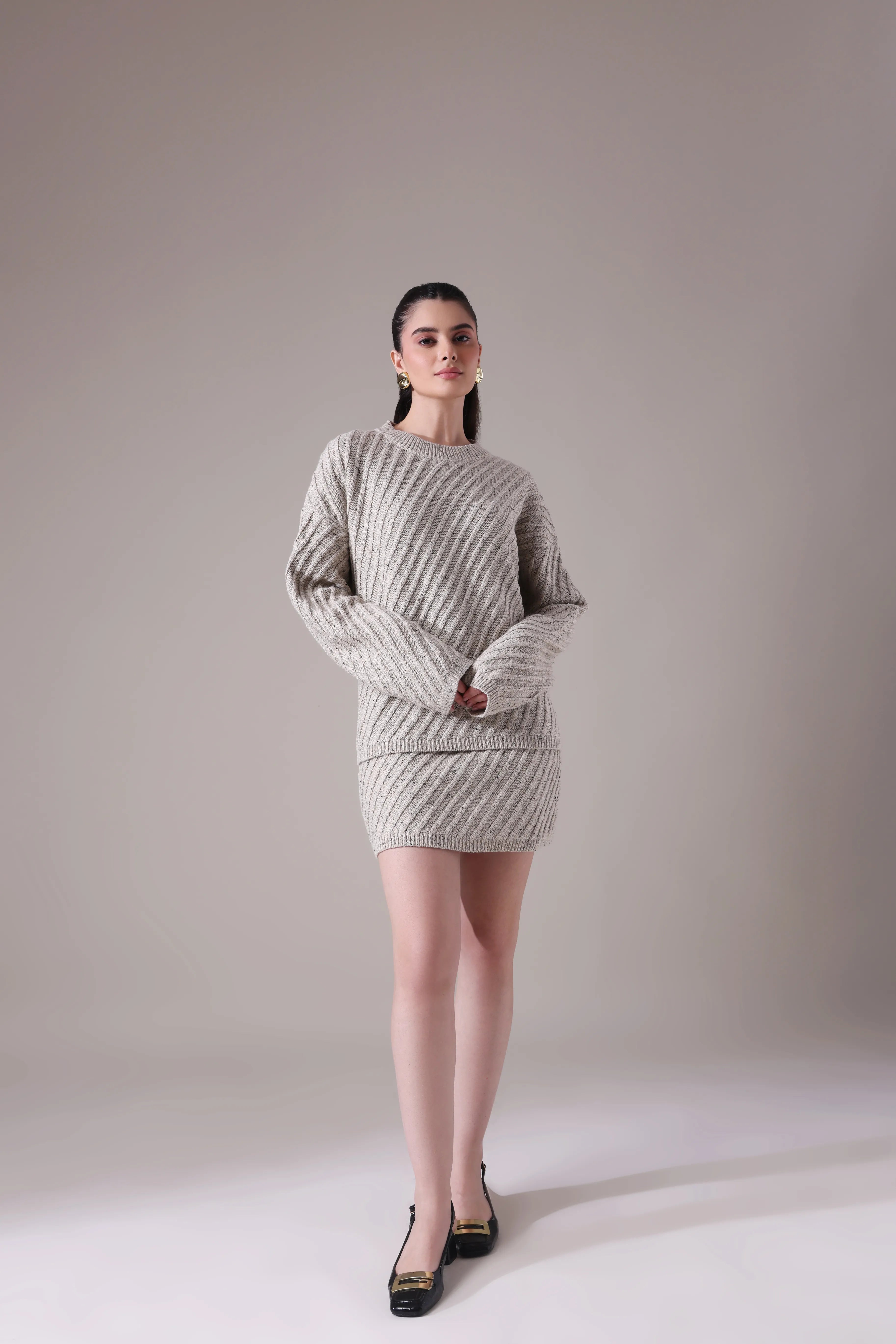 The Sereia Diagonal-Rib Knit Co-ord in Oatmeal Mélange