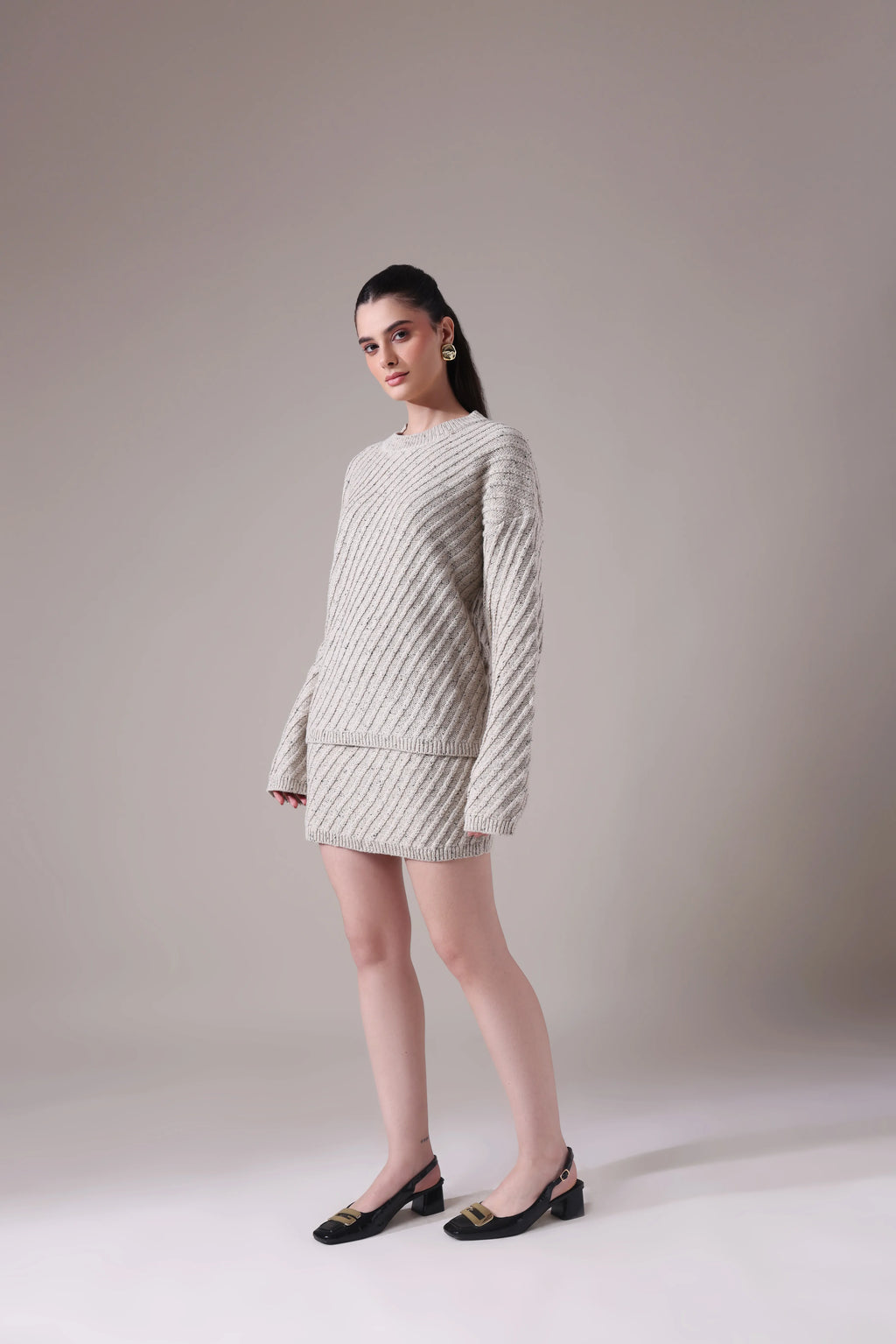 The Sereia Diagonal-Rib Knit Co-ord in Oatmeal Mélange