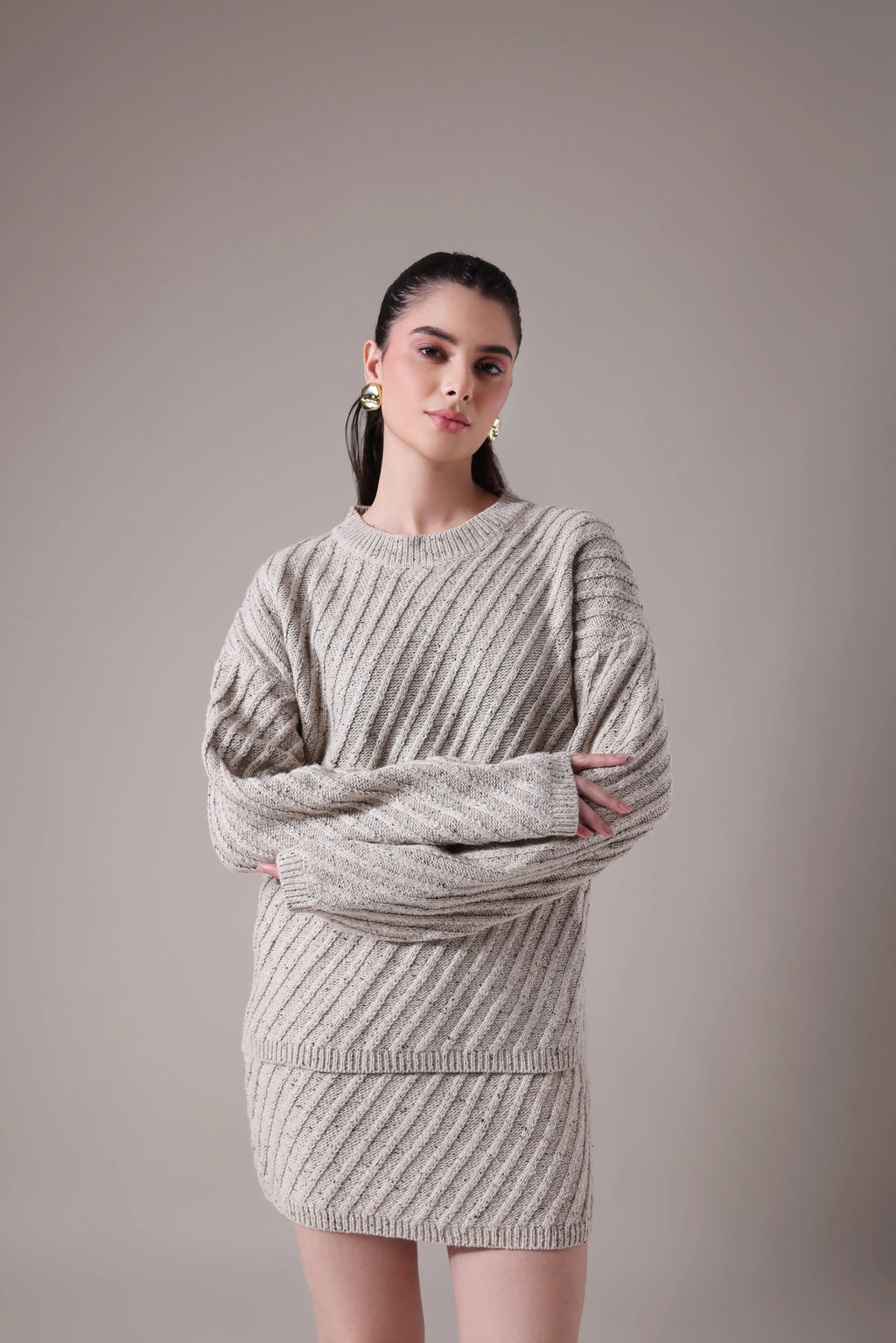 The Sereia Diagonal-Rib Knit Co-ord in Oatmeal Mélange