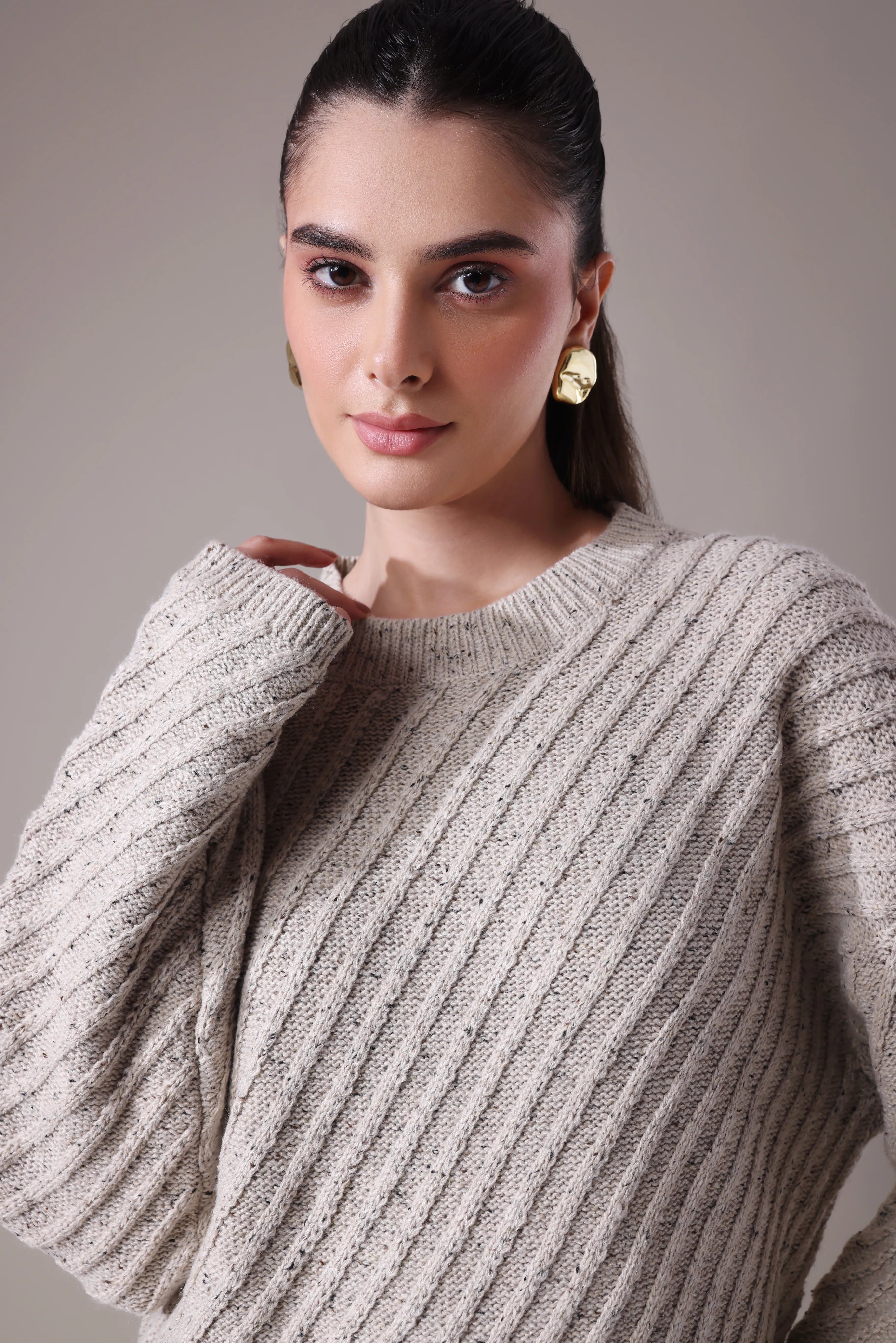 The Sereia Diagonal-Rib Knit Co-ord in Oatmeal Mélange