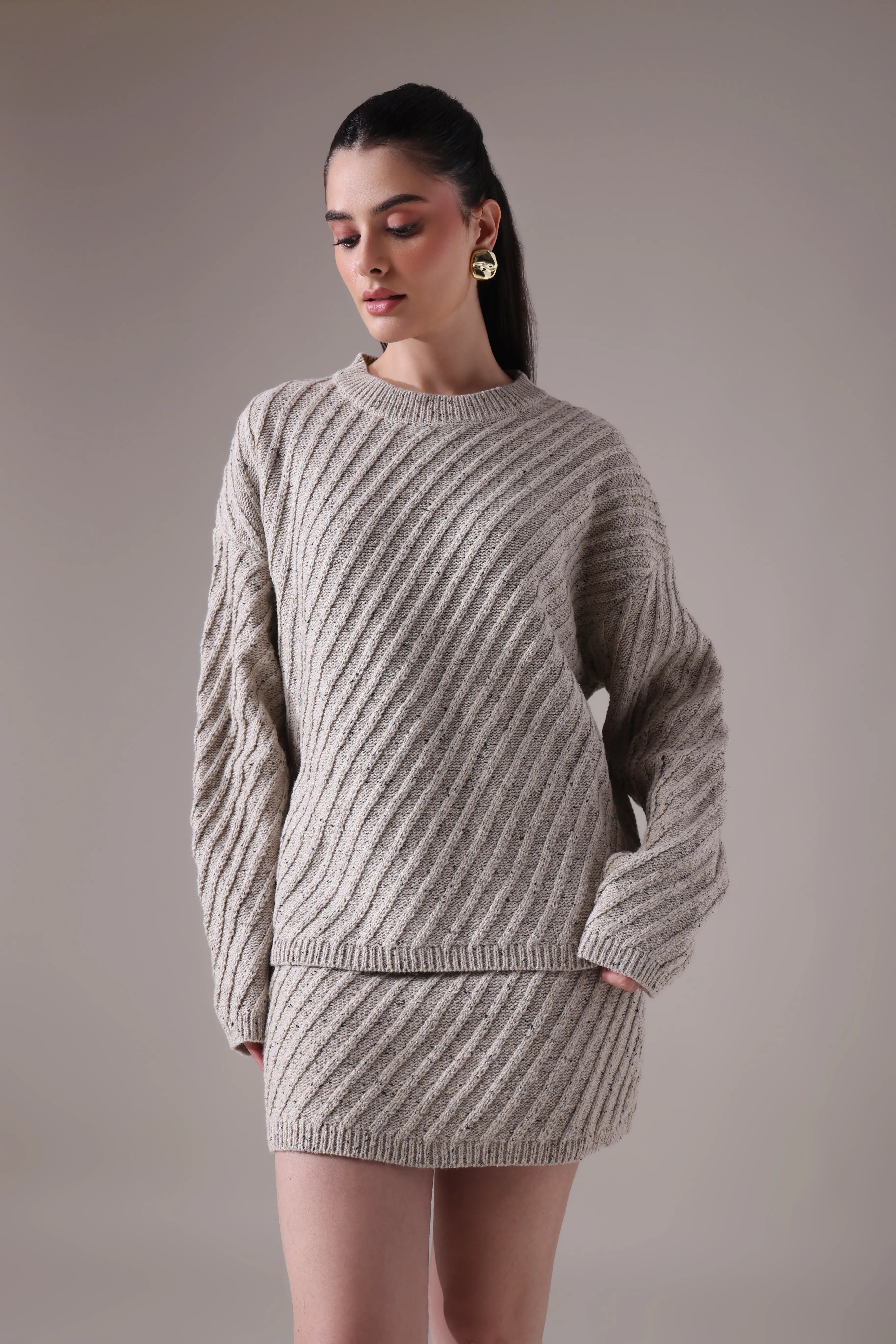 The Sereia Diagonal-Rib Knit Co-ord in Oatmeal Mélange
