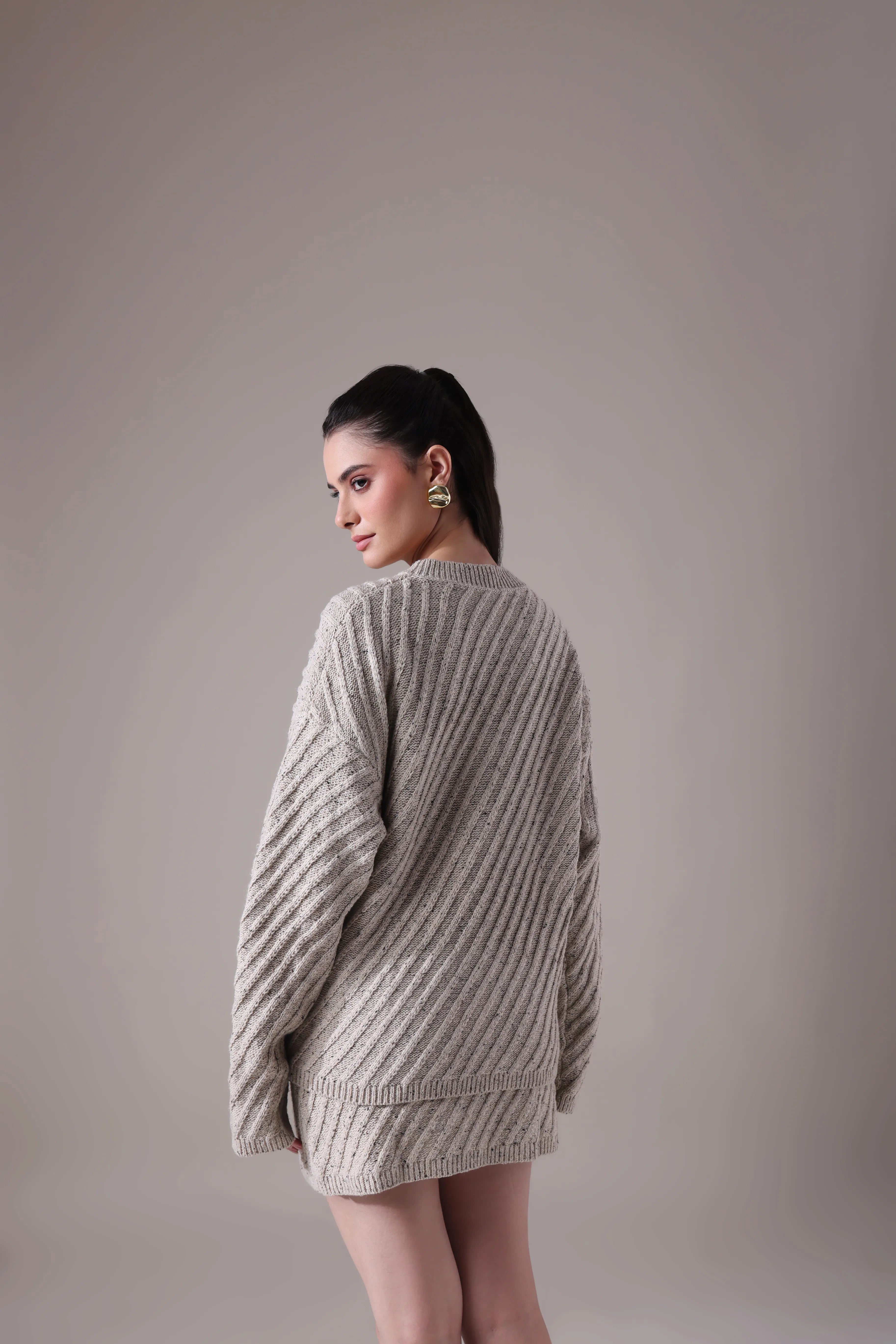 The Sereia Diagonal-Rib Knit Co-ord in Oatmeal Mélange
