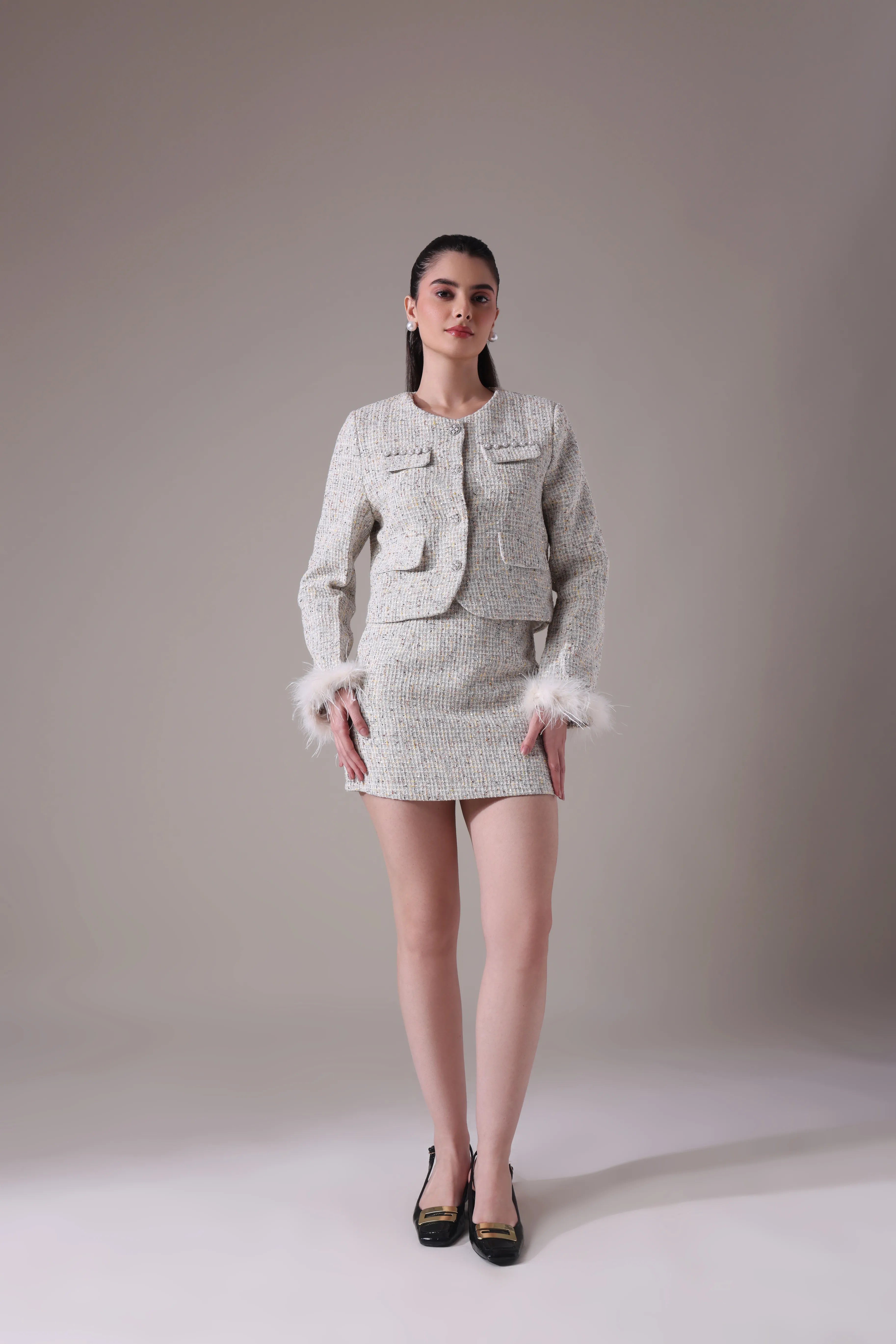 The Odette Feather-Trimmed Tweed jacket