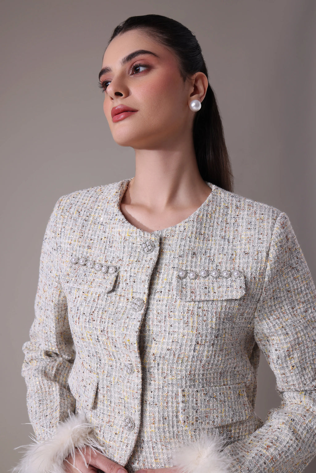The Odette Feather-Trimmed Tweed jacket