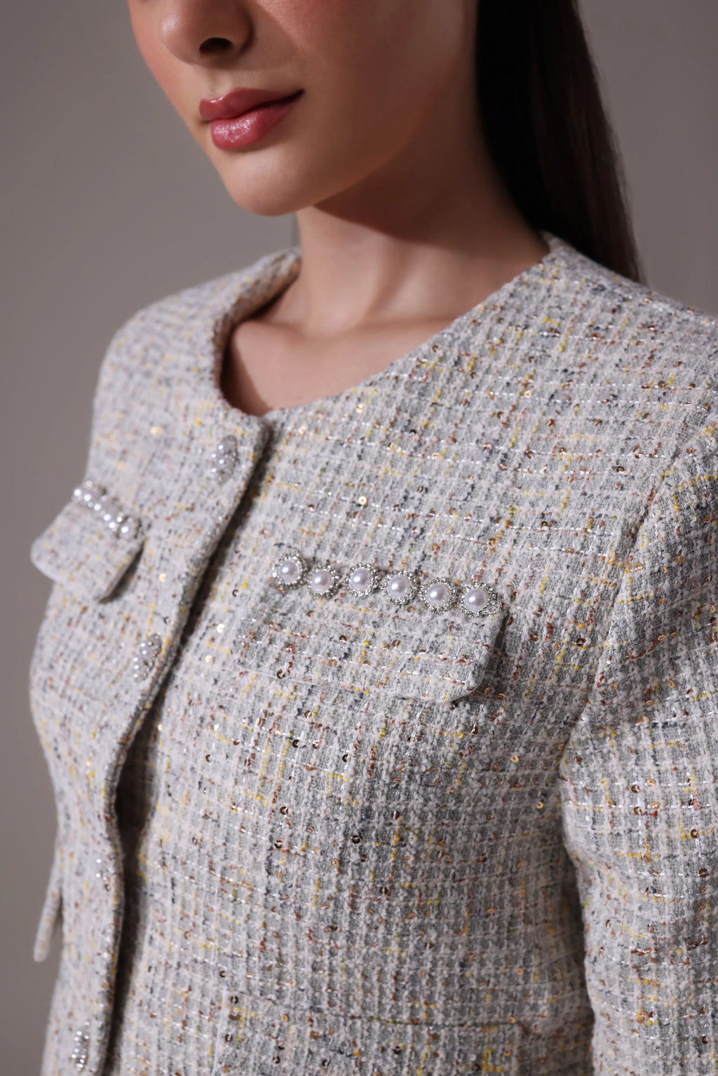 The Odette Feather-Trimmed Tweed jacket