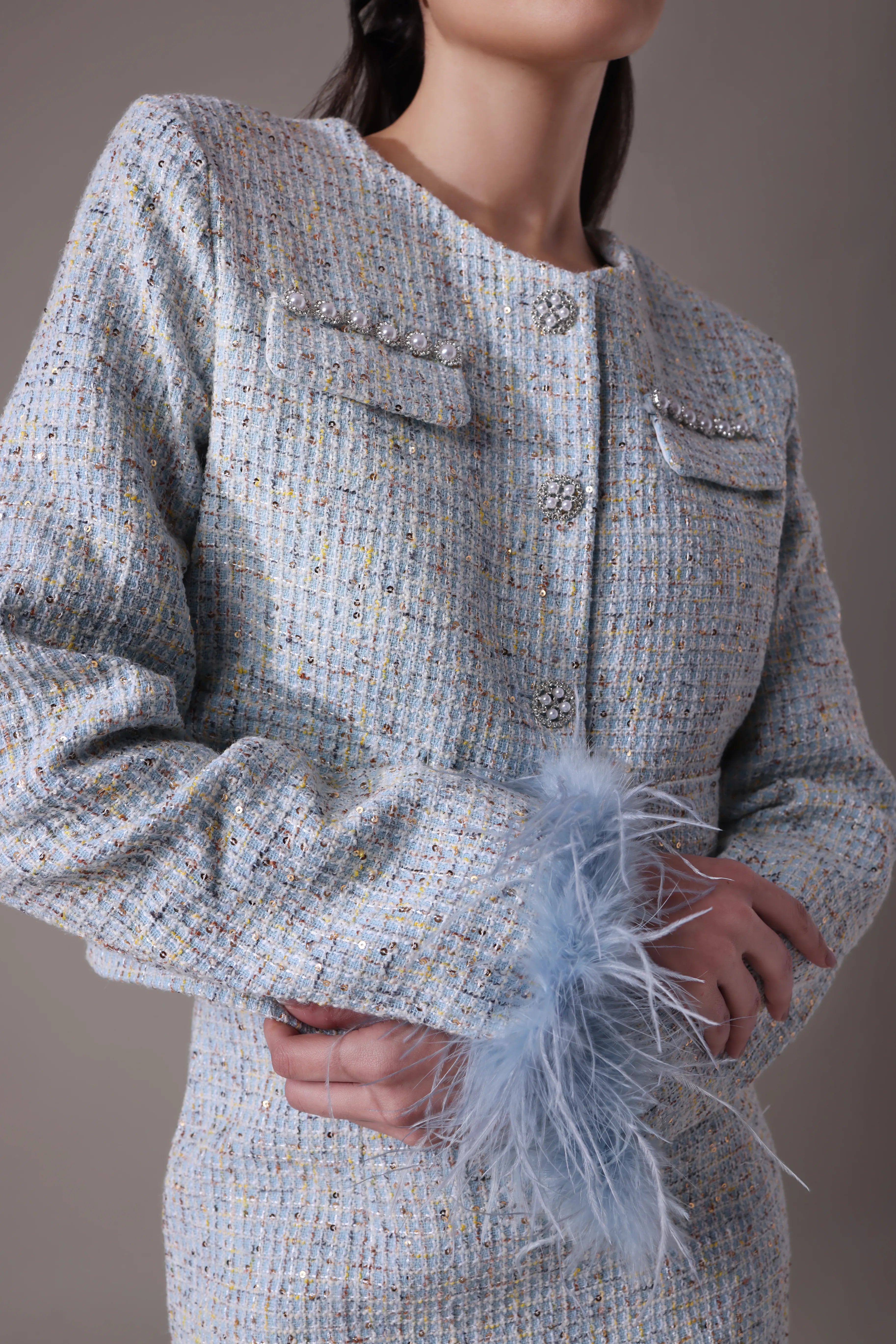 The Odette Feather-Trimmed Tweed jacket