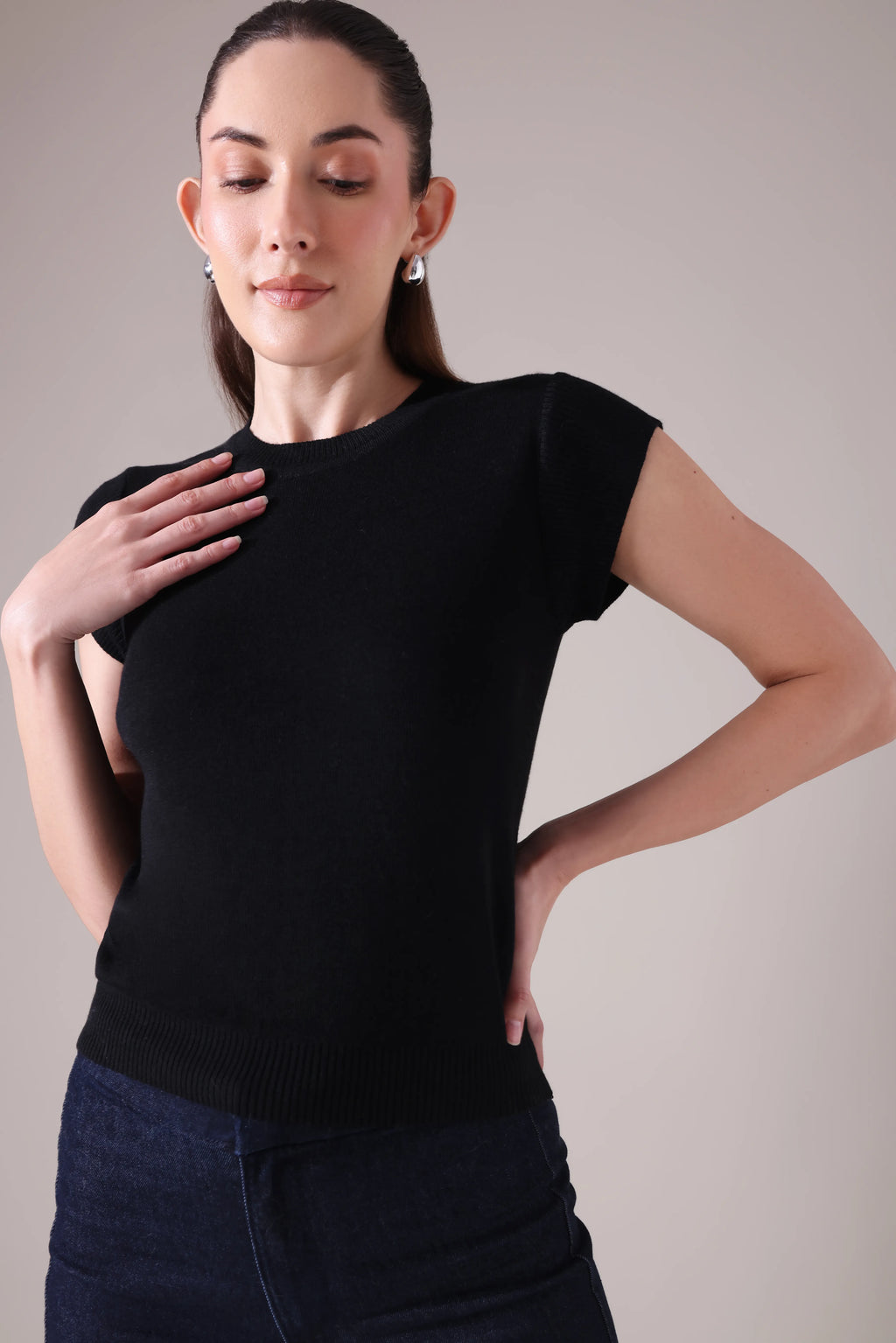 The  Sculpted Cap-Sleeve Knit in Alabaste
