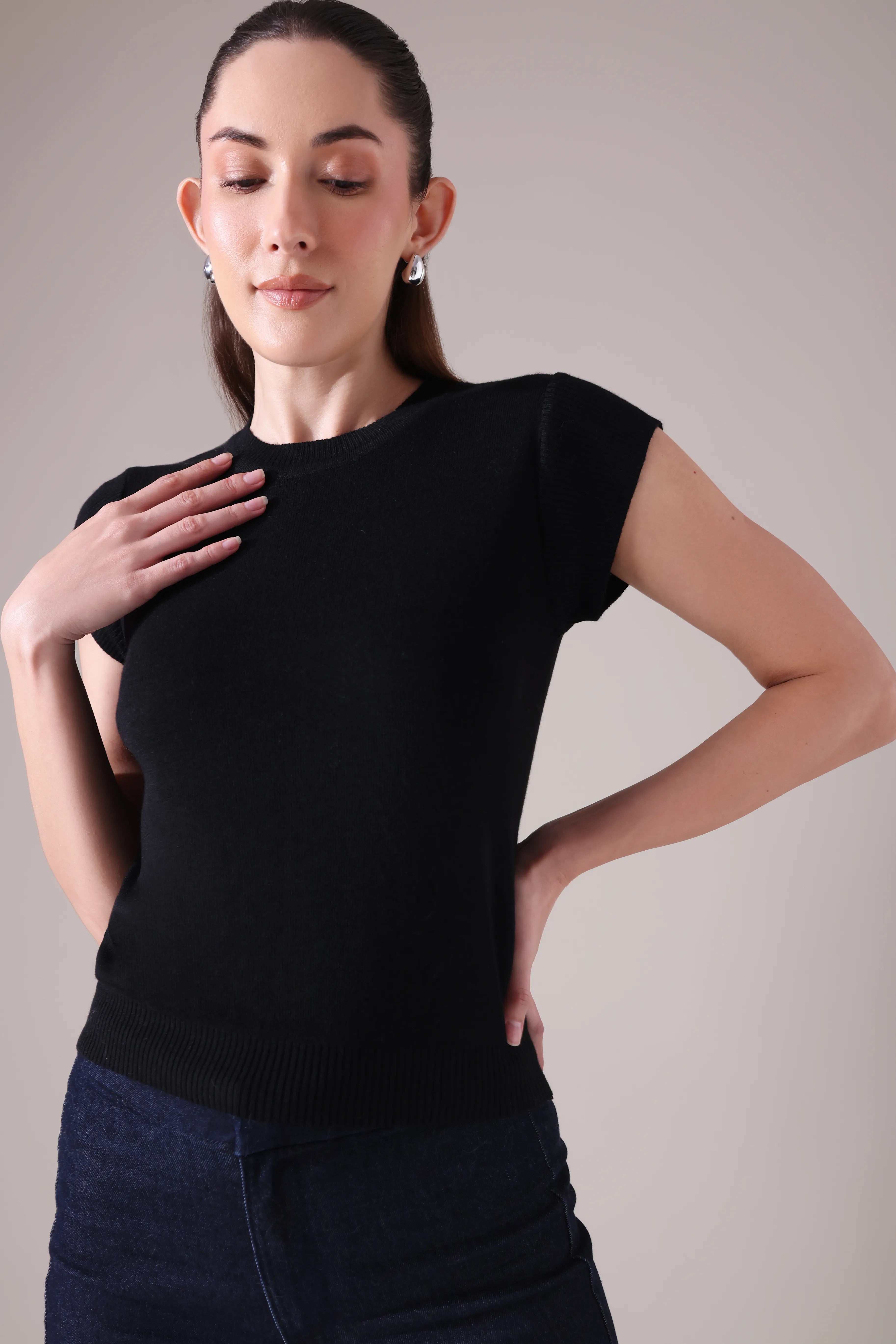 The  Sculpted Cap-Sleeve Knit in Alabaste