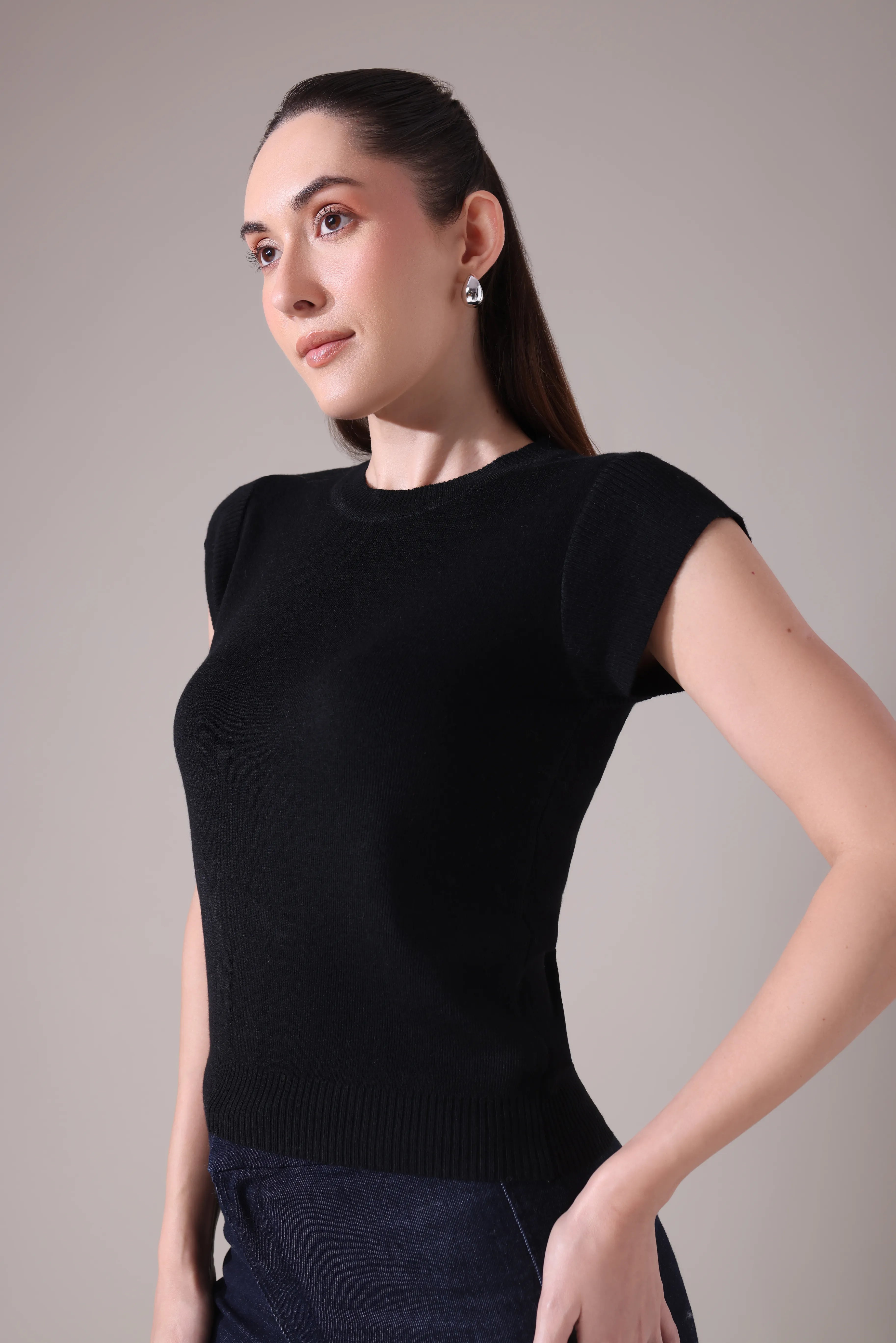 The  Sculpted Cap-Sleeve Knit in Alabaste