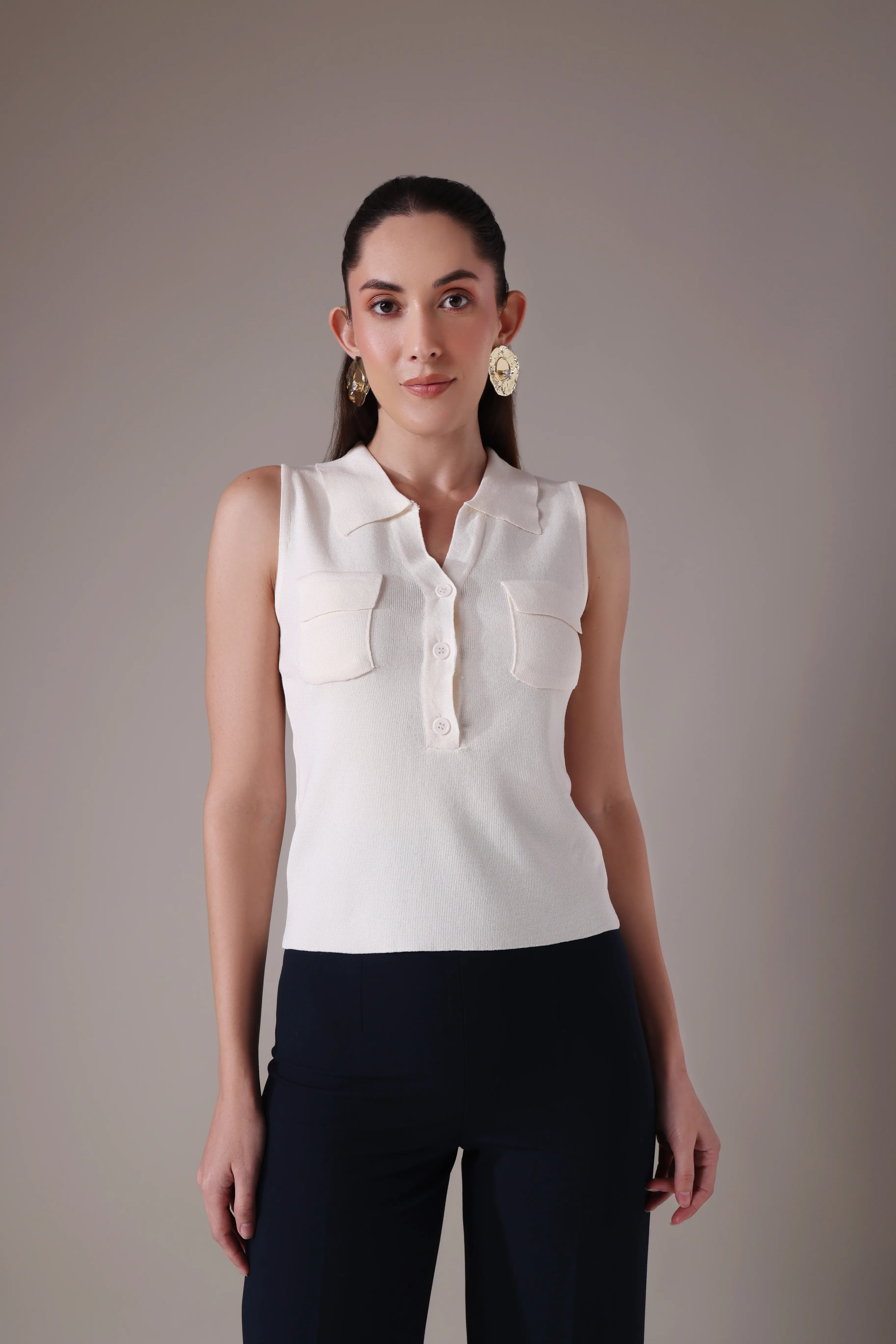The Ziana Sleeveless Polo-Knit Top