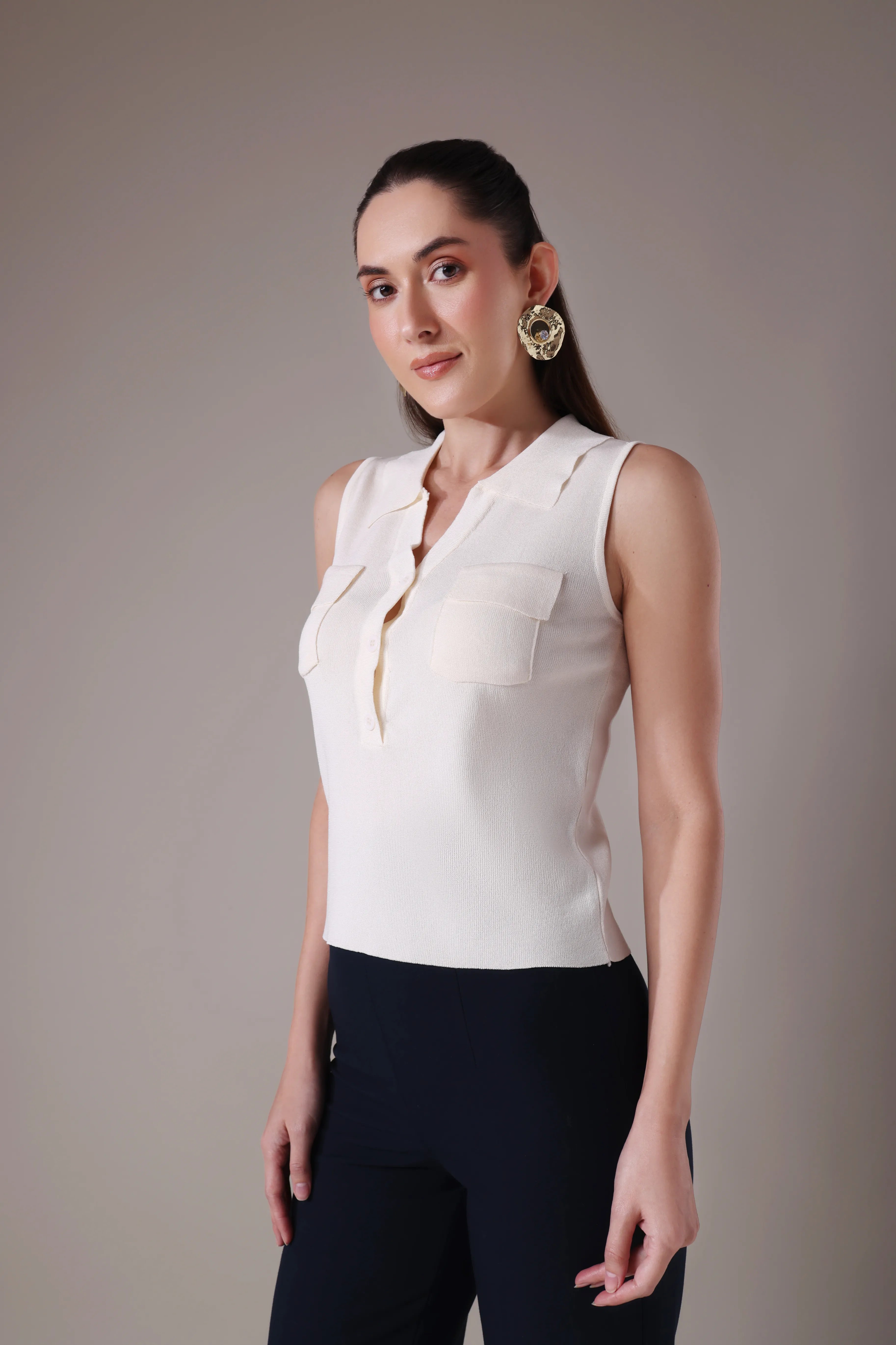 The Ziana Sleeveless Polo-Knit Top
