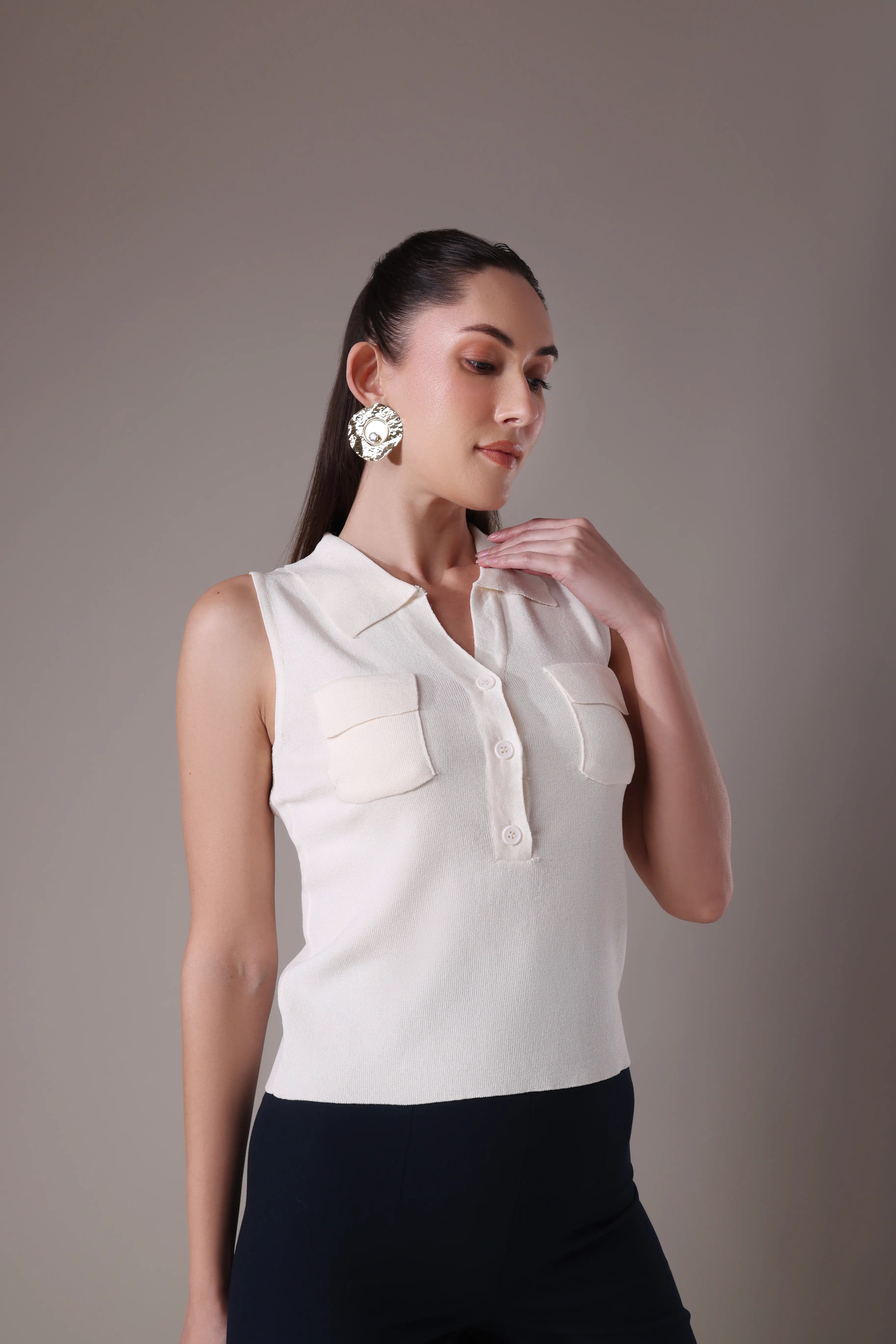 The Ziana Sleeveless Polo-Knit Top