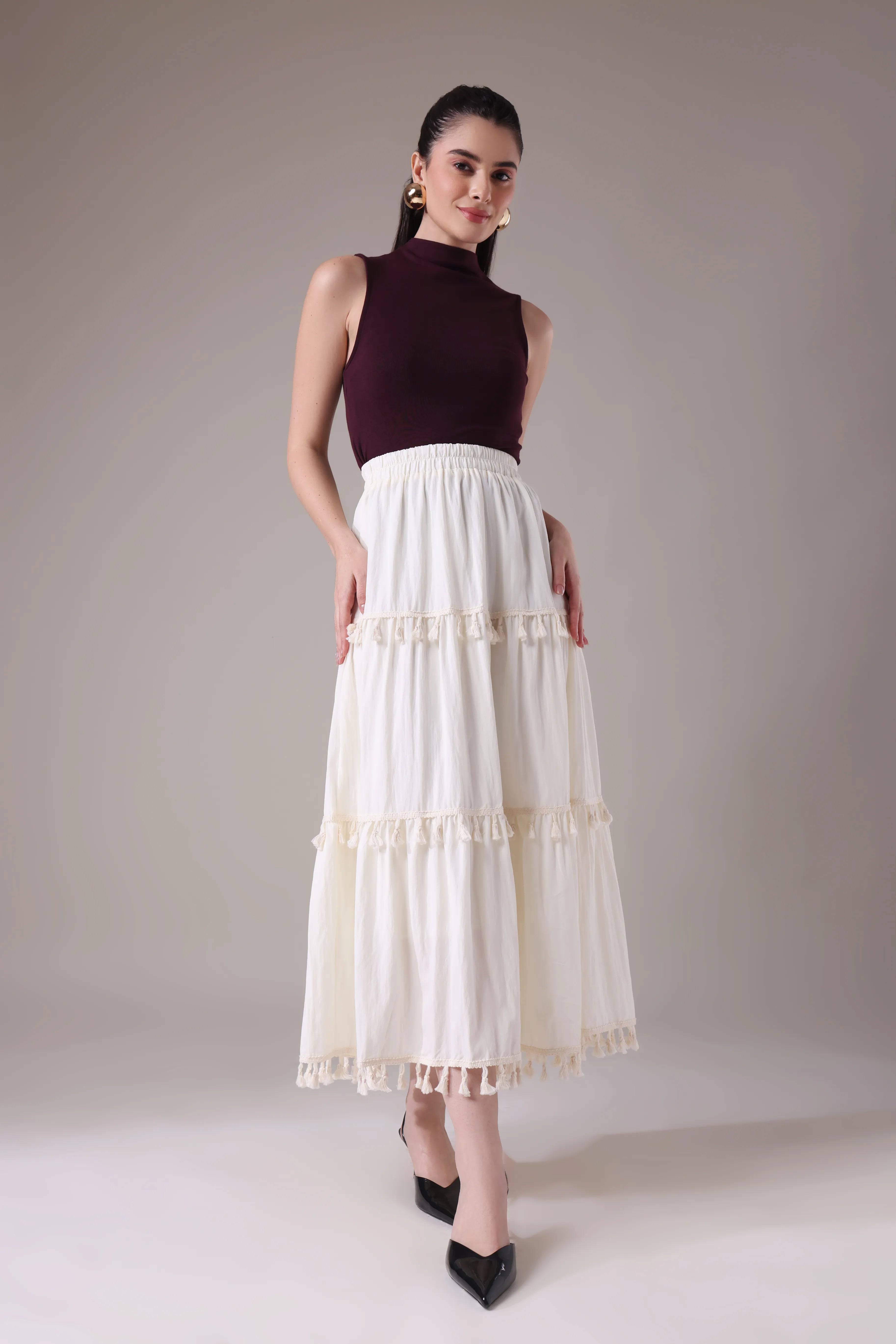 The Elara Tasseled Alabaster Maxi Skirt