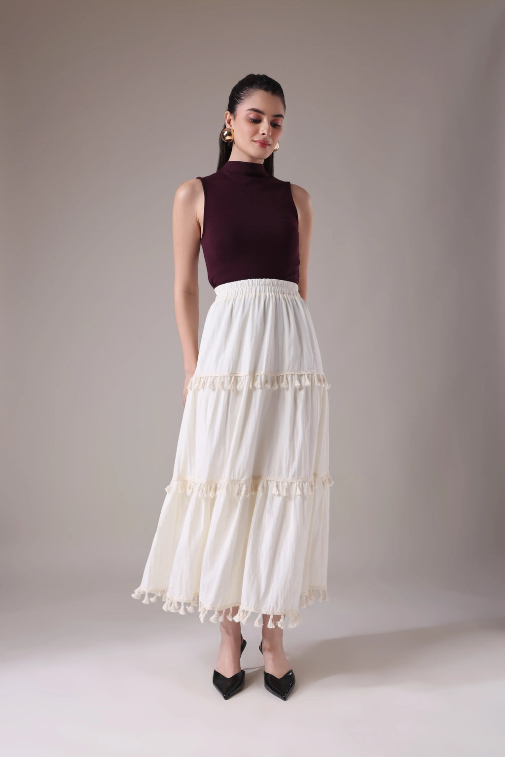 The Elara Tasseled Alabaster Maxi Skirt