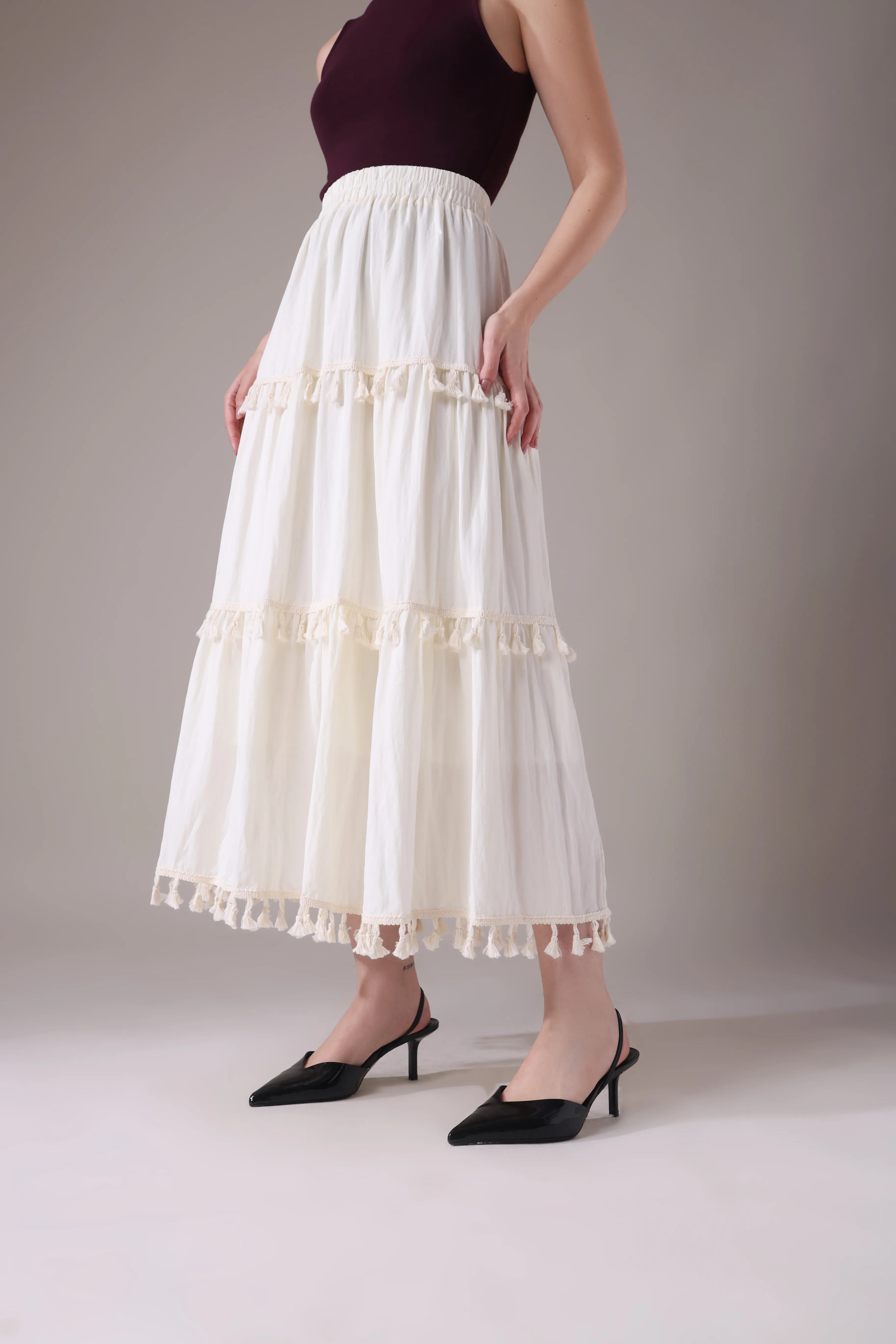 The Elara Tasseled Alabaster Maxi Skirt